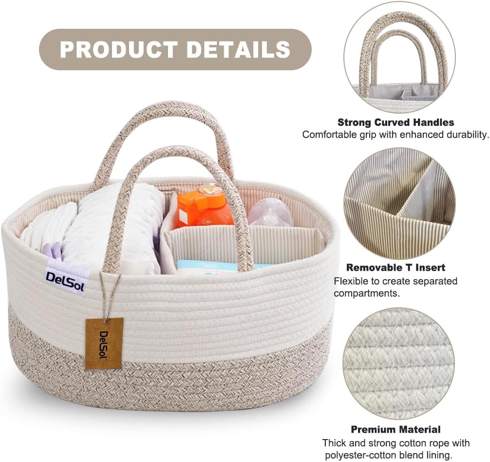 Delsol Cotton Rope Diaper Caddy Organizer, Large Nursery Baby Basket, Changing Table Organizer for Baby Diaper Storage, Portable Car Organizer with Removable Divider, Baby Shower image number 5