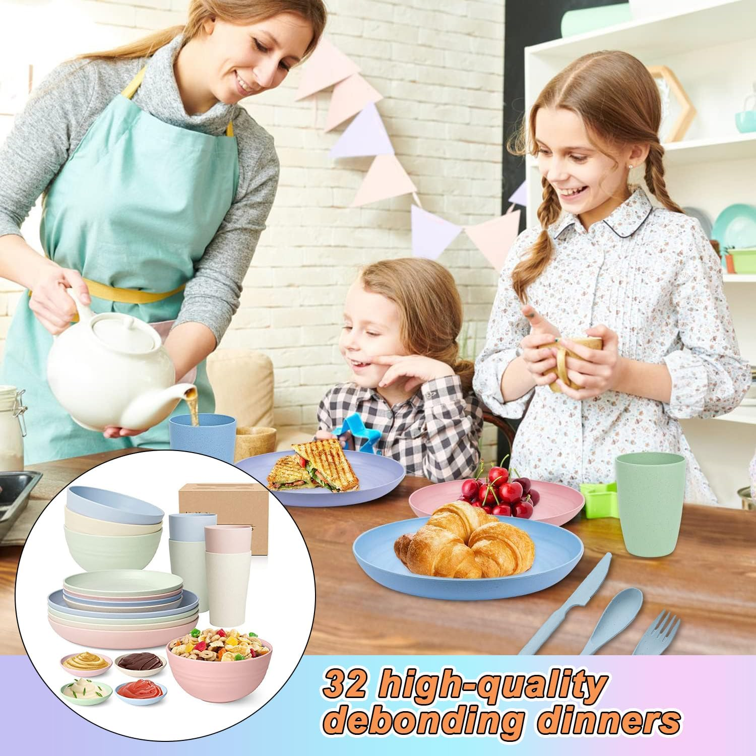 32 Pcs Wheat Straw Dinner Set for 4, Unbreakable Dinnerware Sets, Reusable Plates and Bowls Sets, Lightweight, Microwave & Dishwasher Safe, Eco Friendly, Perfect for Camping, Picnic【Size Upgrade】 image number 6