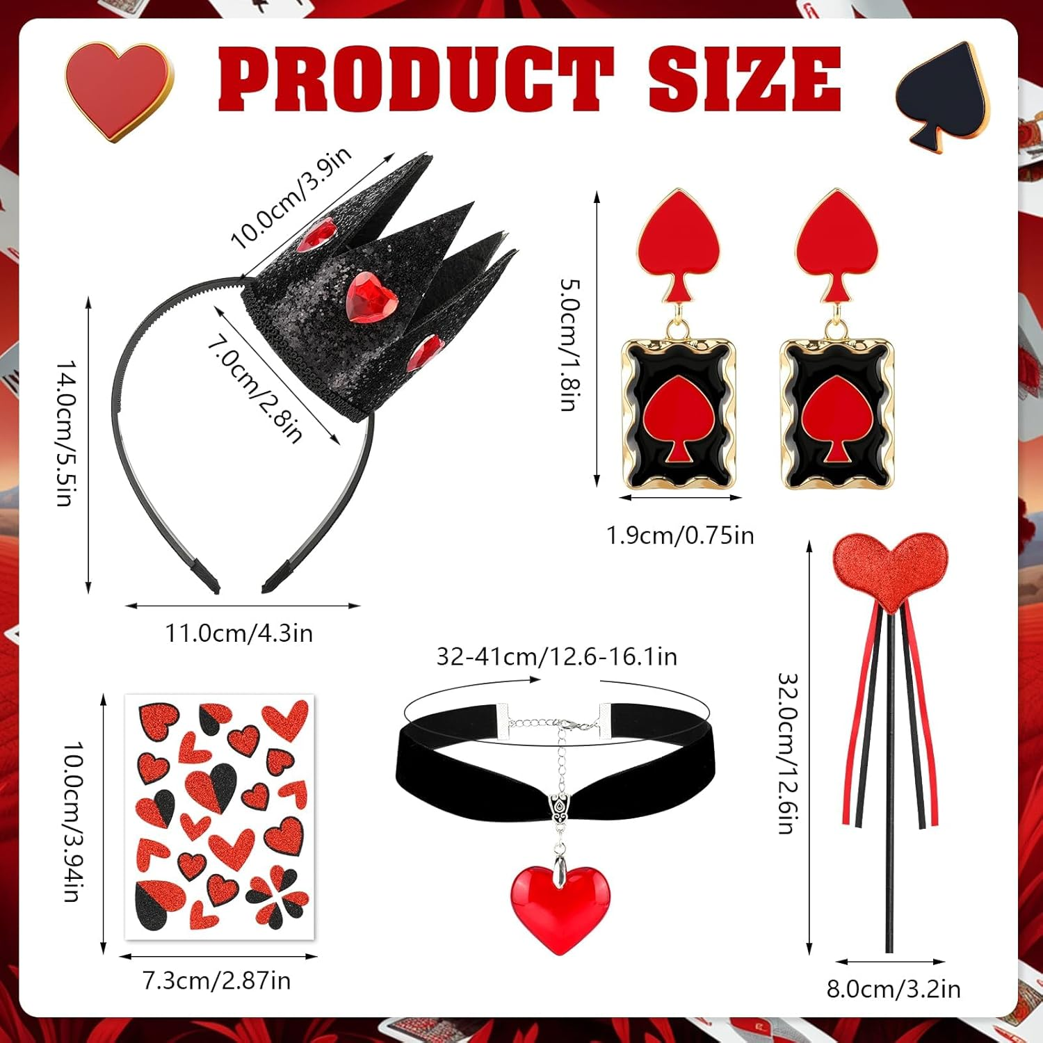 Queen of Hearts Accessories Set, Crown Headband Earings Necklace Wand Face Stickers, Queen of Hearts Costume Accessories Women for Halloween Carnival World Book Day Cosplay Party - Black image number 5