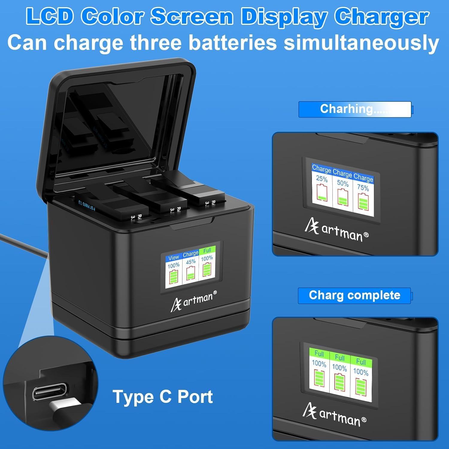Artman Hero 13 Battery 2300Mah for Hero13 Black Camera, LCD 3-Slot Fast USB-C Charger Fully Compatible with Gopro Hero 13 Batteries and Charger (3-Pack) image number 4