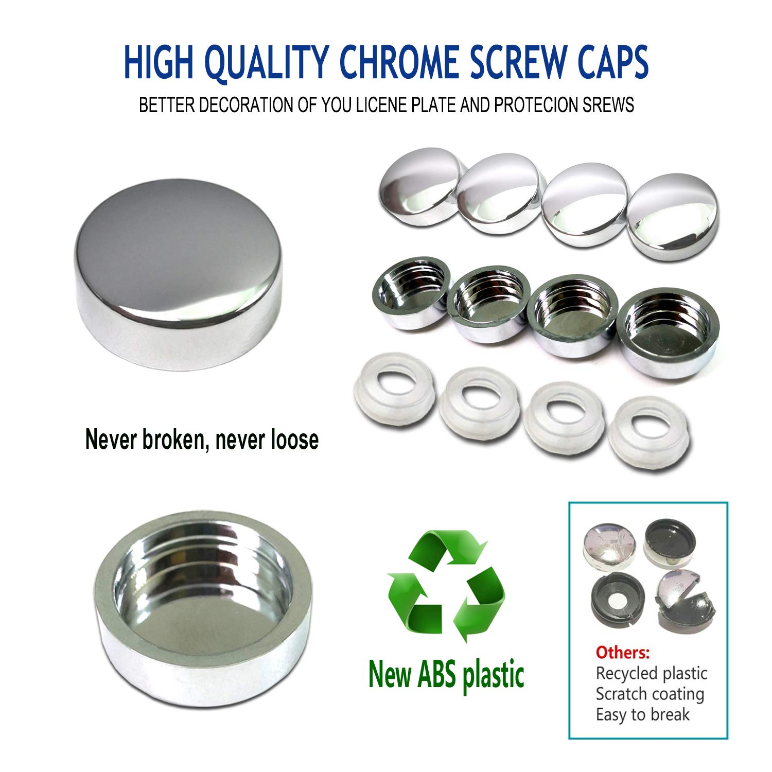 ZXFOOG anti Theft License Plate Screws- Stainless Steel Bolts Fasteners Kits for Car Tag Frame Holder, Tamper Resistant Mounting Hardware,1/4"(M6) Security Screw Set,Rust Proof,Chrome Screw Caps Cover - Chrome License Screws Caps image number 3