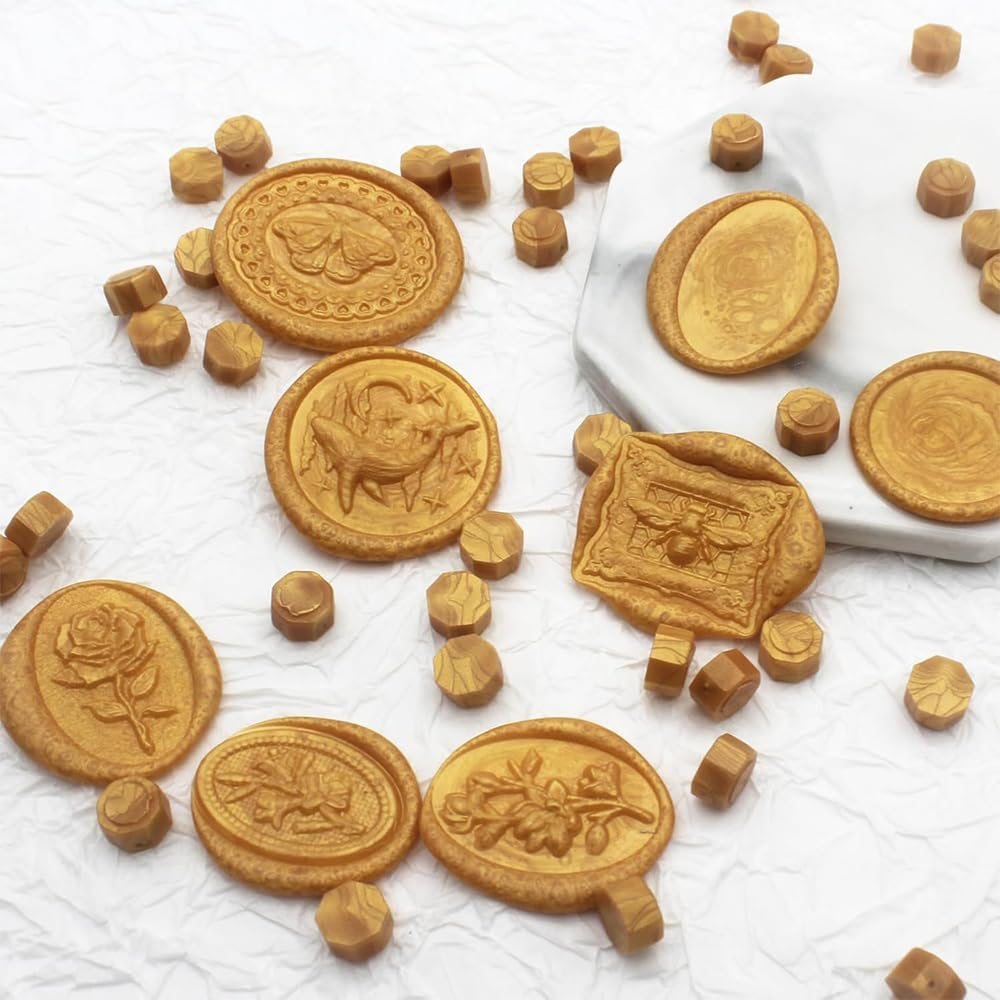 400 PCS Sealing Wax Beads for Stamp,Wax Seal Kit with 3 Tea Candles and 1 Melting Spoon,Antique Decor,Octagon Wax Pellets,For Wine Packages,Wedding Invitations,Envelope (Crown Gold) - Crown Gold image number 5