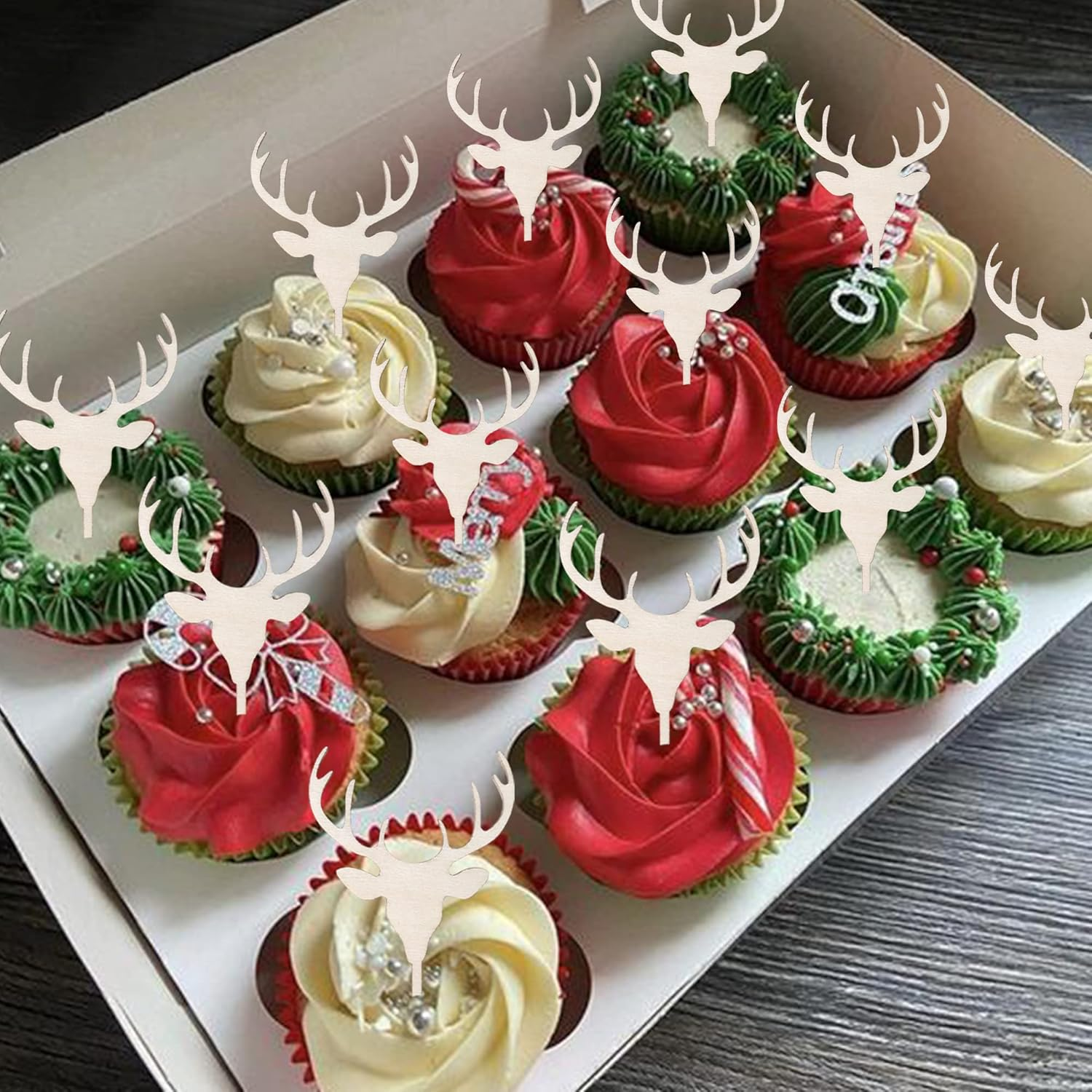 Rsstarxi 24 Pack Christmas Deer Cupcake Toppers Wooden Deer Antler Cupcake Picks for Baby Shower Wedding Hunting Rustic Country Kids Birthday Christmas Party Cake Decorations Supplies image number 5