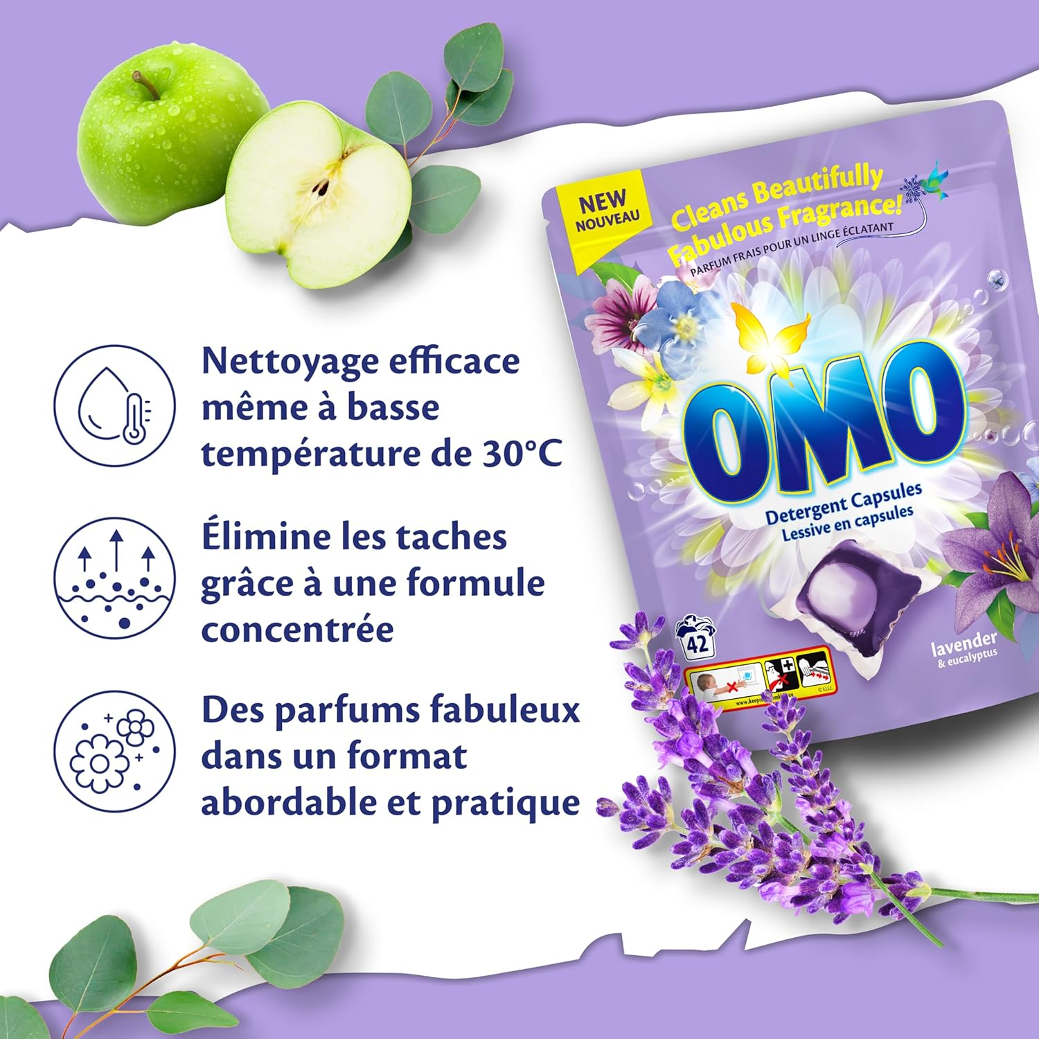 OMO 42PK LAUNDRY DETERGENT CAPSULES LAVENDER and EUCALYPTUS image number 1