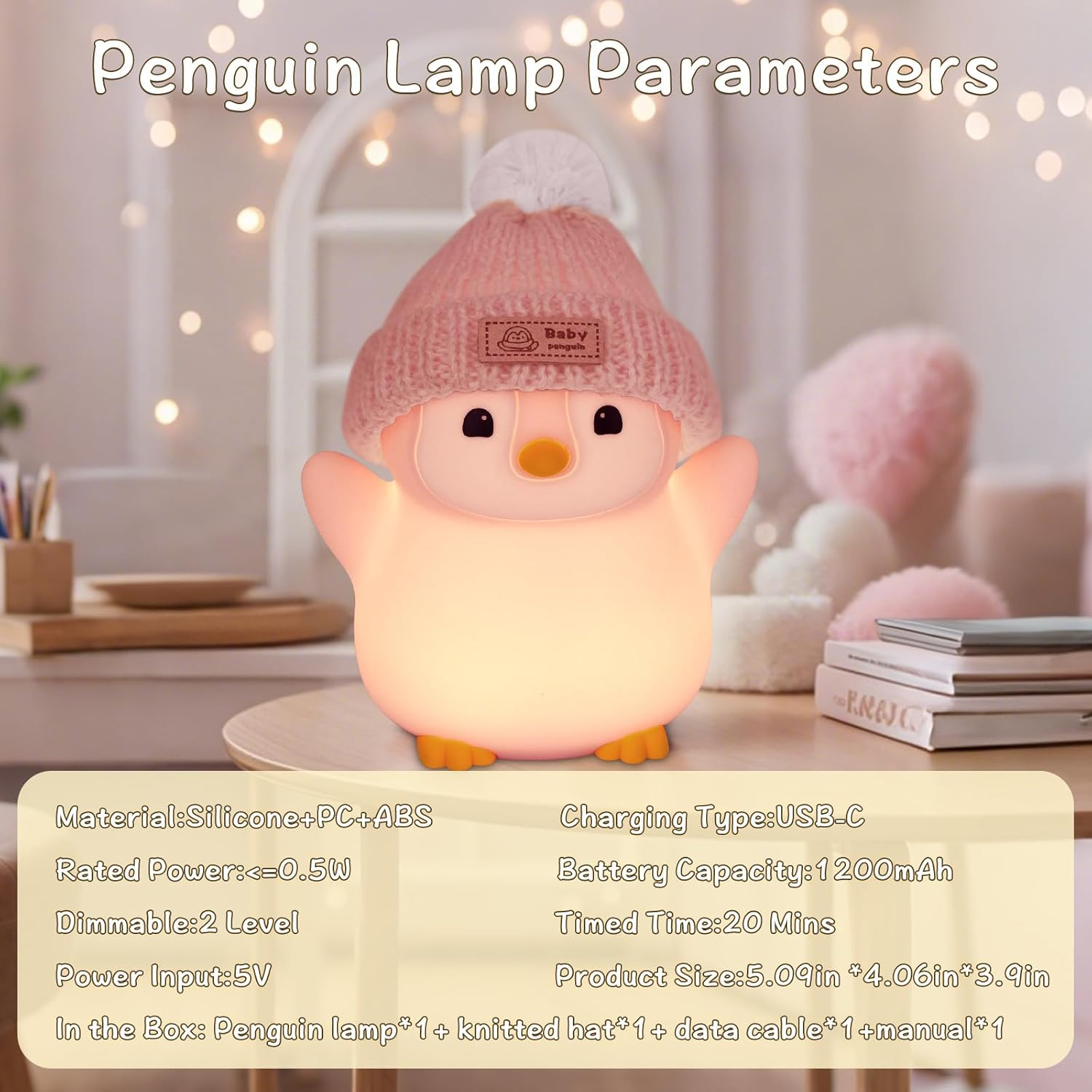FAMIDUO Penguin Night Light, Cute Pink Penguin Lamp with Knit Hat, Soft Silicone Nursery Nightlight for Baby, Rechargeable/Dimmable/Timer,Led Squishy Novelty Animal Bedside Lamp,Funny Gifts for Kids image number 3