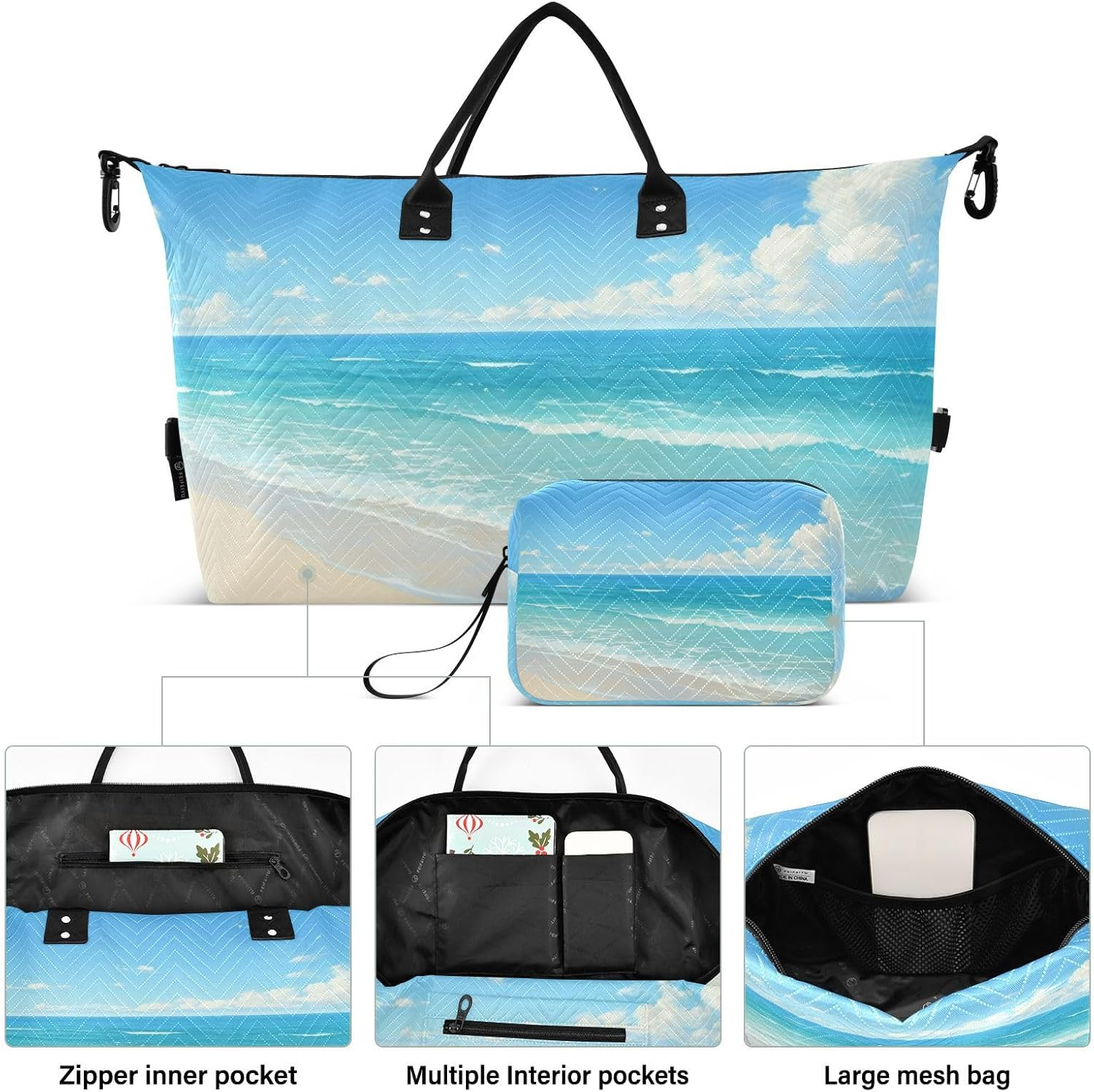 Summer Beach Blue Waves Travel Bag Carry on Shoulder Weekend Tote Sports Duffel Bags with Adjustable Strap for Sports Large Capacity, Summer Beach Blue Waves, 1 Size image number 6