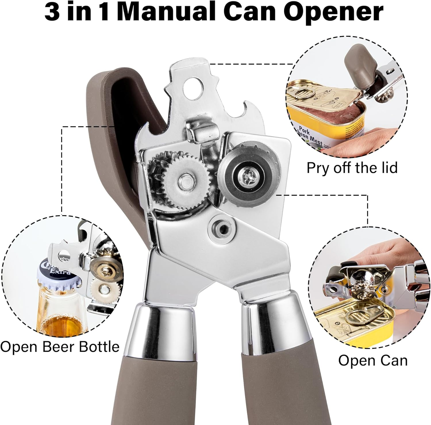 TJ POP Can Opener Manual, Multi-Purpose Heavy Duty Handheld Can Opener, Durable Stainless Steel Tin Opener, Super Sharp Cutting Wheel for Smooth Edge, Easy Turn Knob, Light Brown image number 3