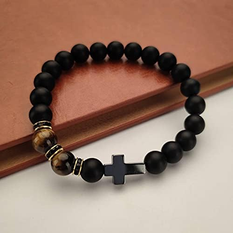 Cross Bracelet for Men Tiger Eye Catholic Rosary Bracelet for Men Boys Adjustable Natural Crystal Stone Bead anti Anxiety Stretch Bracelet image number 2