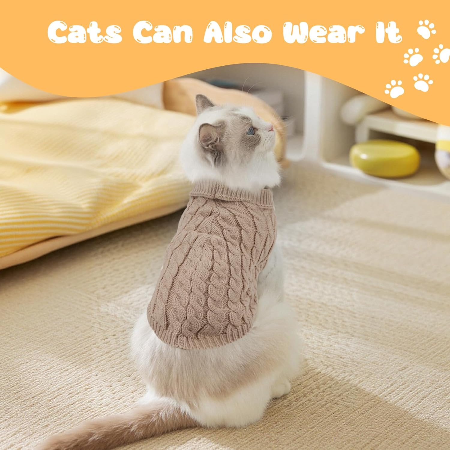 Fiohiros Dog Sweater Knitted Turtleneck, Warm Winter Dog Jumpers Cute, Dog Coat Apparel Puppy Twist Striped Vest Dog Clothes for Dog Cat (Beige+Black, S)