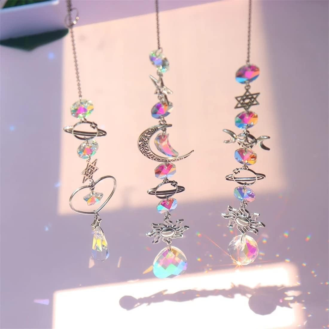 Infantly Bright Colorful Crystal Wind Chime, Moon Sun Light Catcher Diamond Prisms Pendant Dream Rainbow Chaser Maker Hanging Prism Drop Ornament Home Garden Decor Windchime Silver image number 2