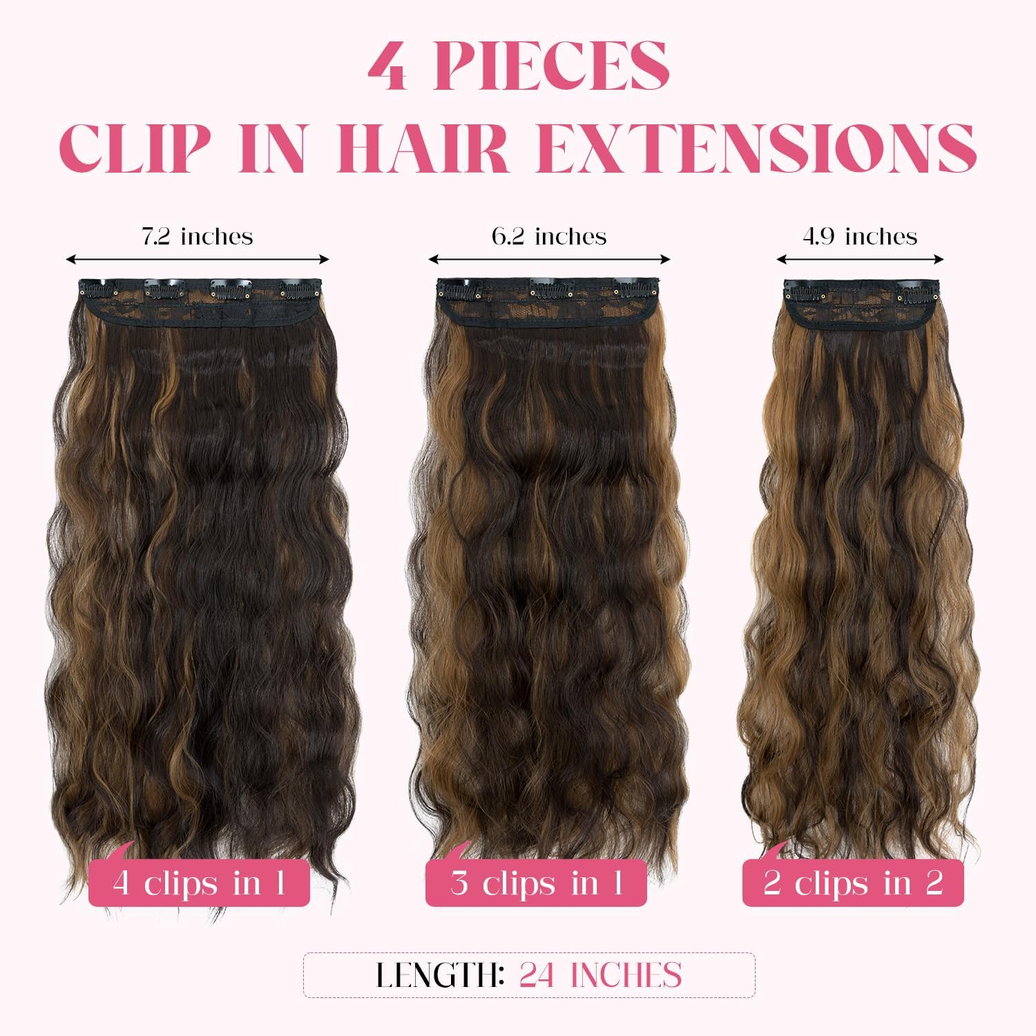 Hairro Clip in Hair Extensions, 20 Inch Long Wavy Hairpieces, Natural & Soft, 4PCS Black Mixed Light Brown Hair Extensions, 200G - Light Brown Mixed Blonde image number 2