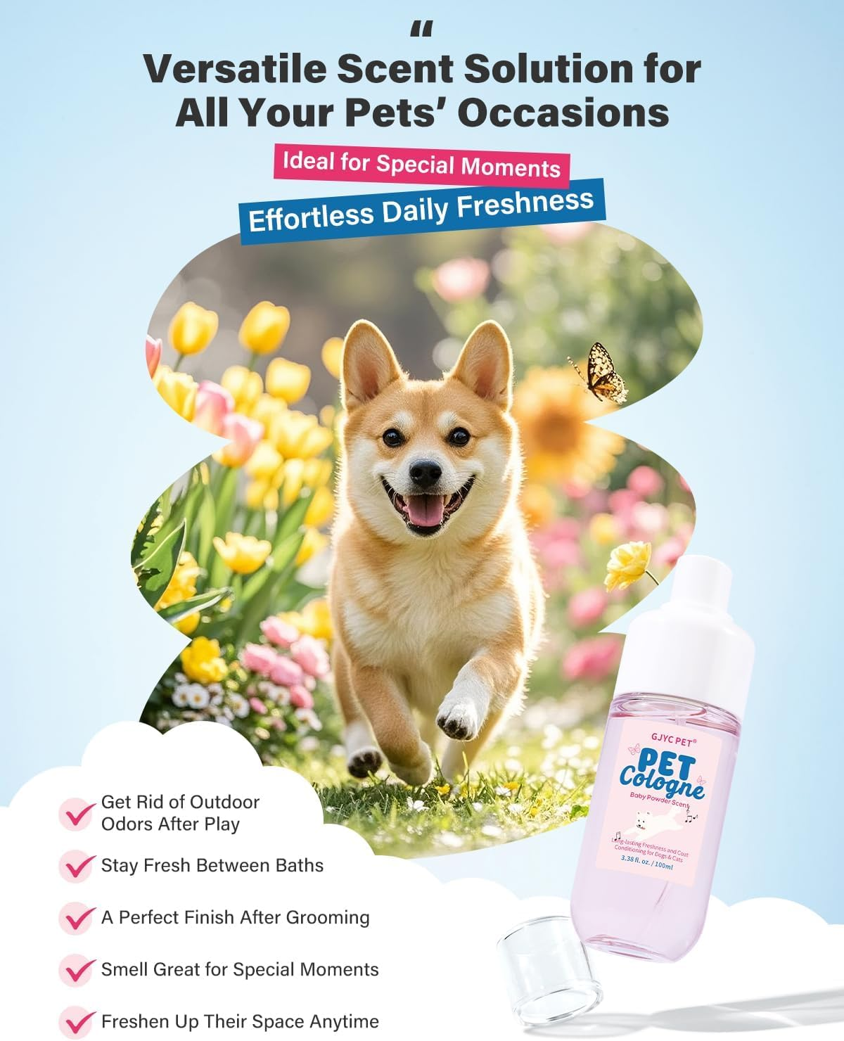 GJYC PET Dog & Cat Perfume | Long-Lasting Baby Powder Scent Deodorizing Spray | Fur-Conditioning Cologne, Non-Sticky Formula | Travel-Friendly, 3.38 Fl. Oz image number 1