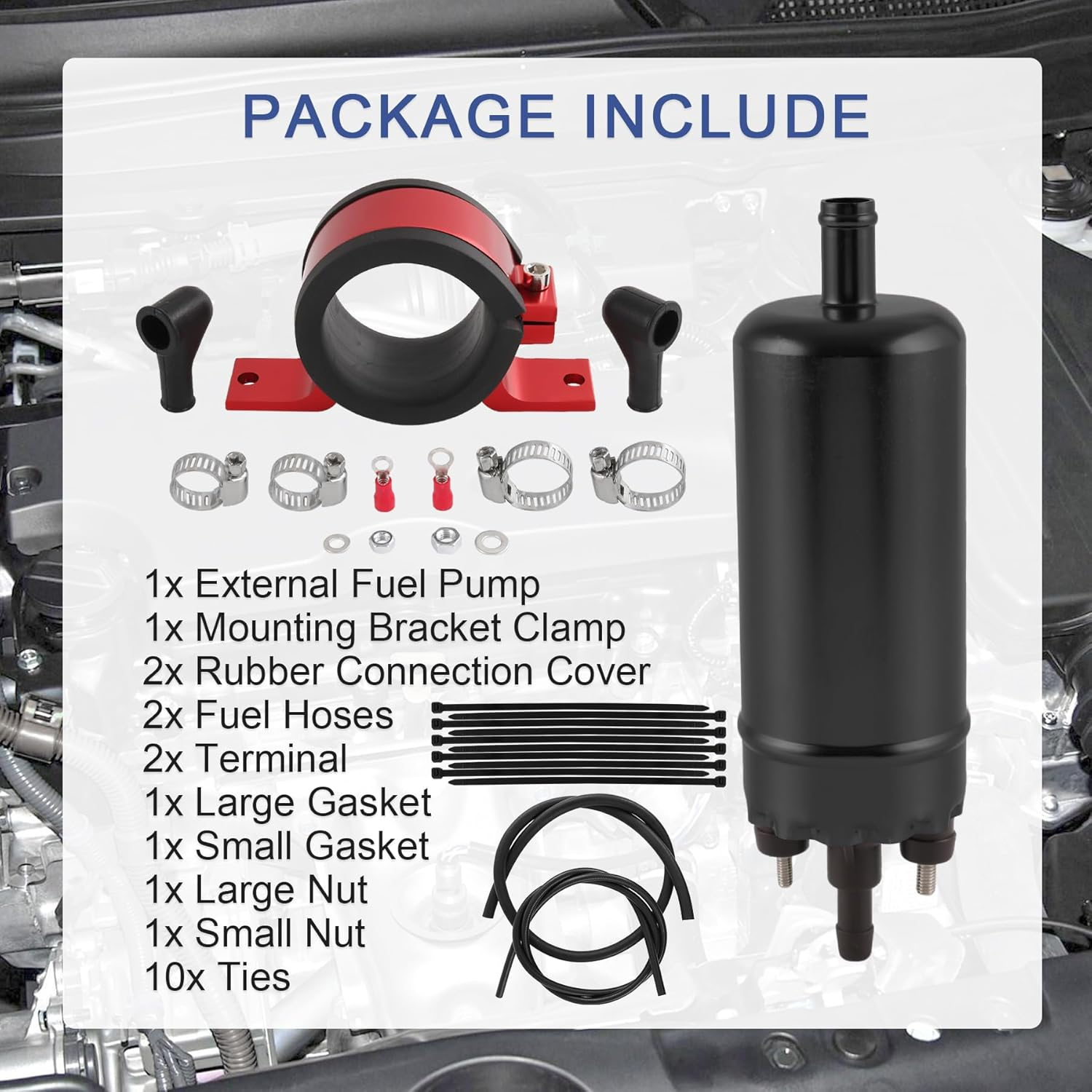 Universal External Inline High Pressure Fuel Pump 12V with Mounting Bracket Clamp and Fuel Hose Replace 0580463016, 0580464020, 0580464055, 0580453911, 0580464048 Gasoline Injection Pump Black image number 5