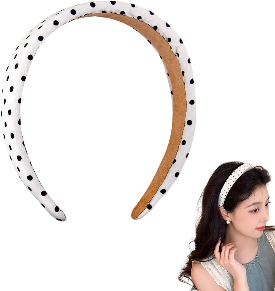 Vintage Polka Dot Headbands for Women Girls Black Padded Headband for Thick Thin Hair Accessories for Heavy Long Hair Band Polka Dot Halloween Costume Accessories for Women Girls Silk Satin Headband image number 3