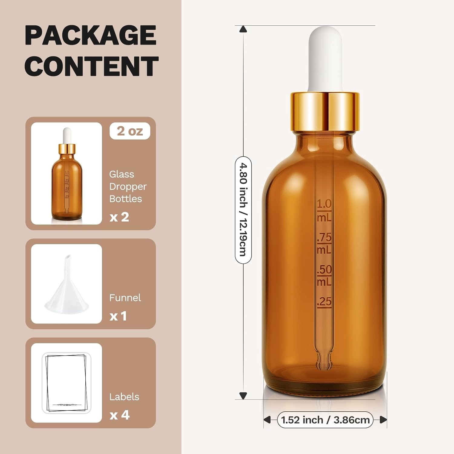 Bumobum Dropper Bottle 2 Oz, 2 Pack Amber Glass Eye Dropper Bottles with Golden Cap, Labels and Funnel, Tincture Bottle with Measured Cosmetic Dropper - Leakproof Essential Oils Bottles - Gloden Clear image number 2