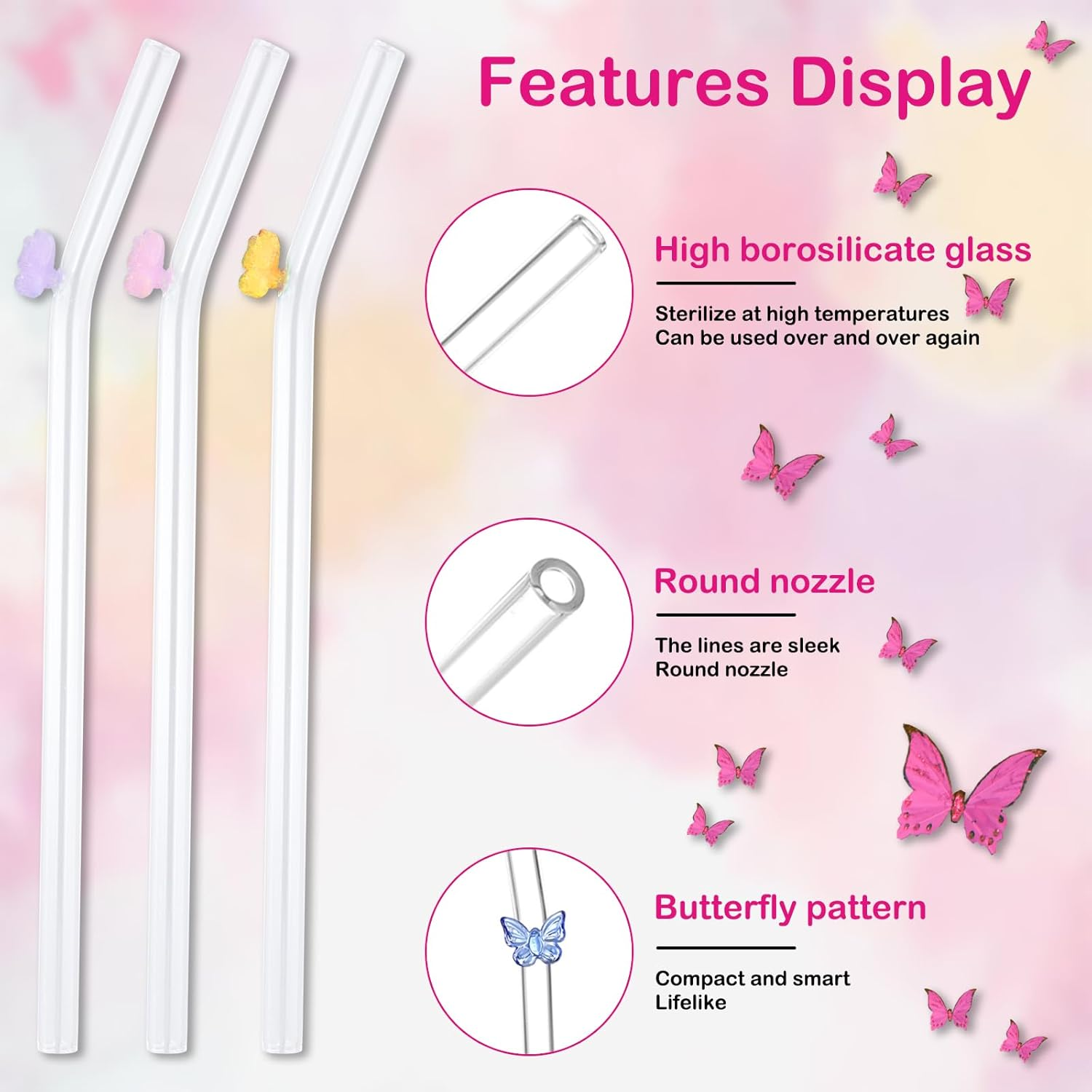 Reusable Glass Straws 6-Pack, Multicolour Butterfly Decorated Drinking Straw, Eco Friendly Bent Straws Drinking for Smoothies, Milkshake, Cocktail (20Cm, Clear) image number 4
