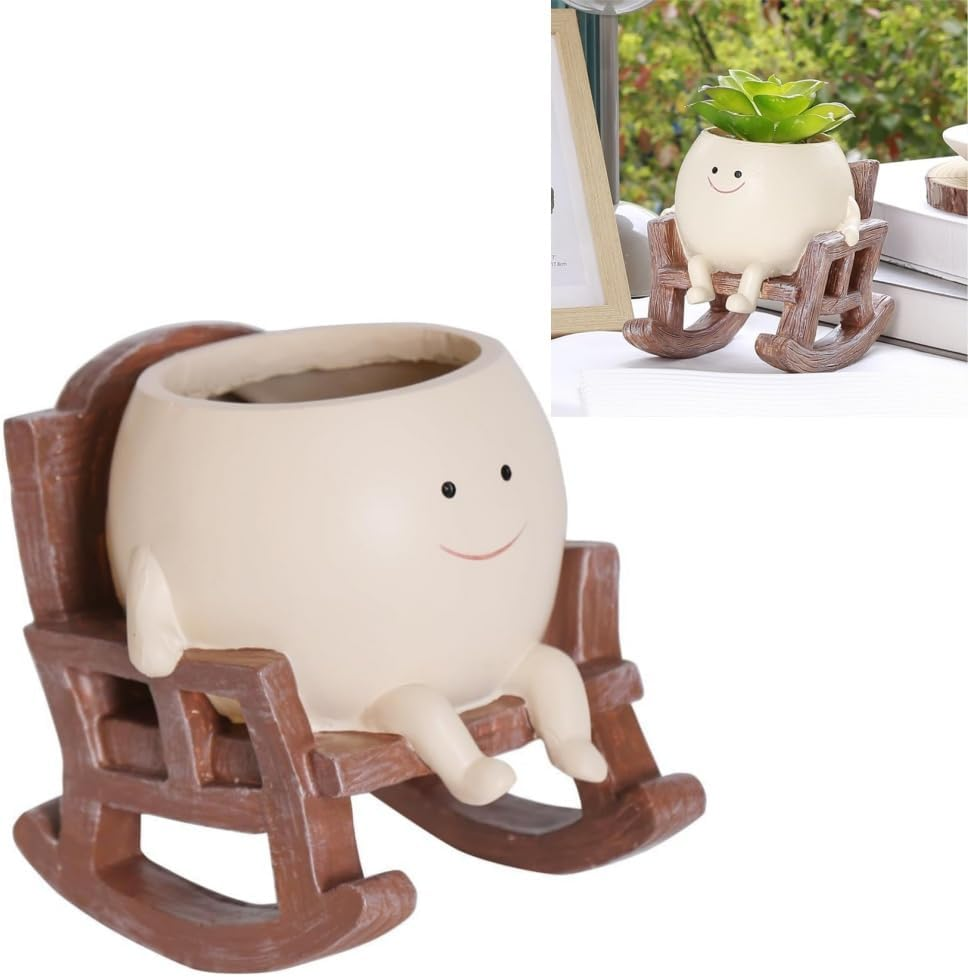 Ladiz Smily Face Planter Pot, Cute Resin Head Flower Pots for Indoor Outdoor Plants Unique Sit Rocking Chair Succulent Pots, Gift Ideai for Mother'S Day, Birthday, Christmas with Drainage Hole