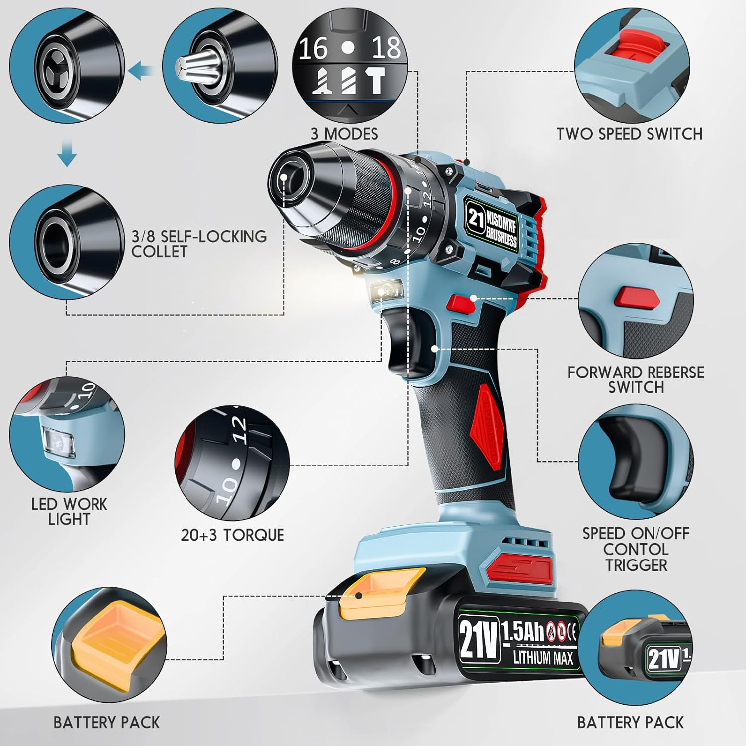 21V Cordless Drill, Brushless Power Drill Set with 2 Batteries and Charger,3/8-Inch Chuck Electric Drill Driver,20+3 Torque Setting,32 Pcs Drill/Driver Bits and Tool Set image number 5