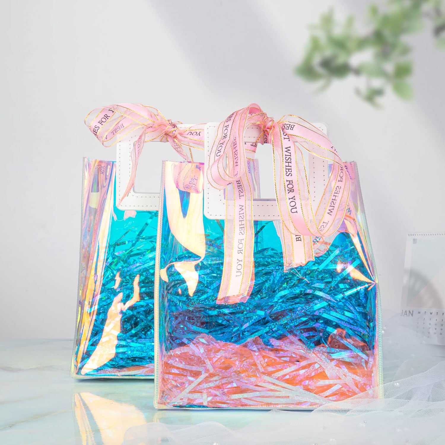 Holographic Small Gift Bags 2 Pack 7.9 * 7.1 * 3.9 Inch with Handles for Women, Girls, Birthday, Christmas, Bachelorette Party Favors, Shopping Reusable Clear Gift Wrap Bag image number 3