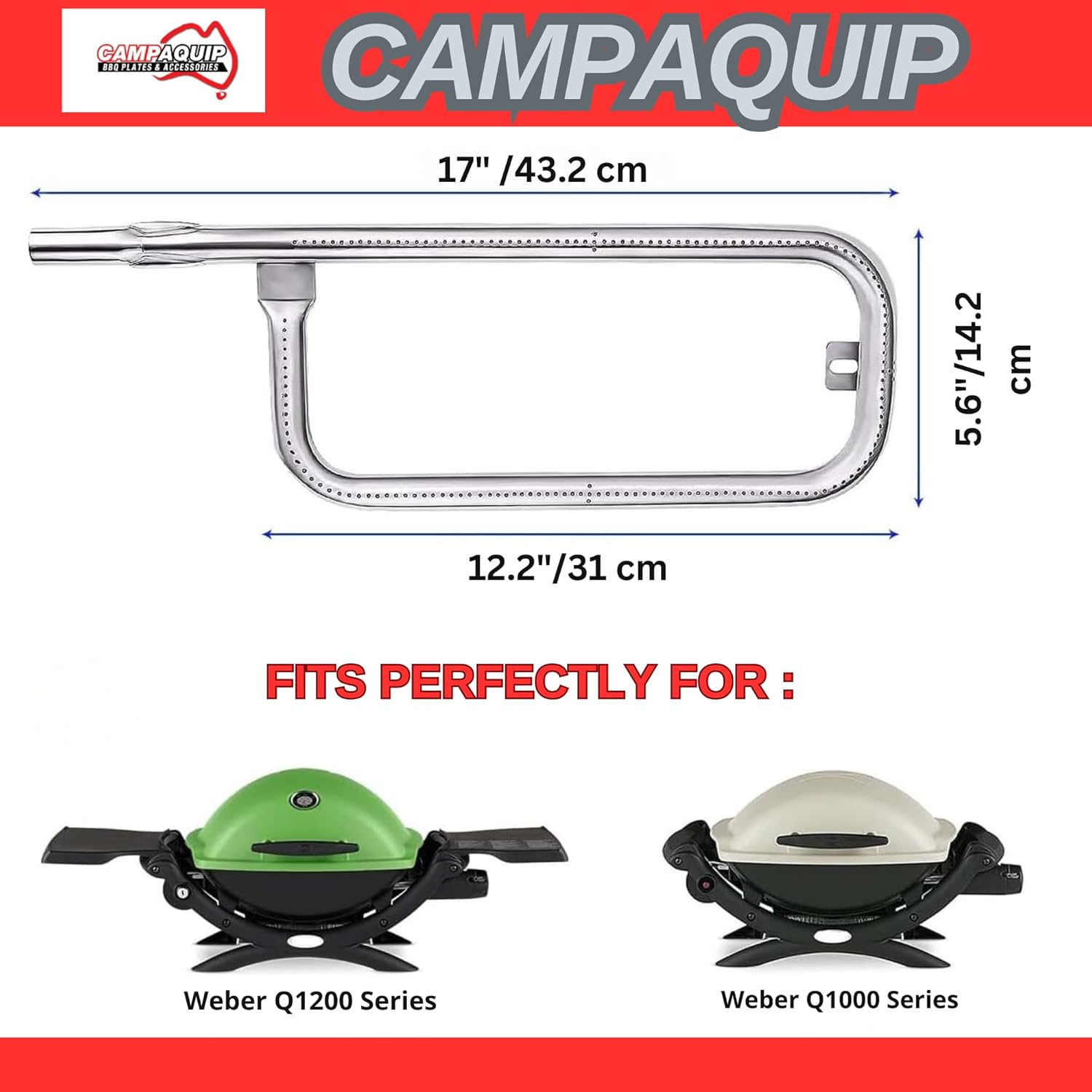 CAMPAQUIP Stainless Steel Grill Burner Replacement for Weber Baby Q Series Q100 Q120 Q1000 Q1200 P Shaped Mega Flame Burner (NOT for N Series)