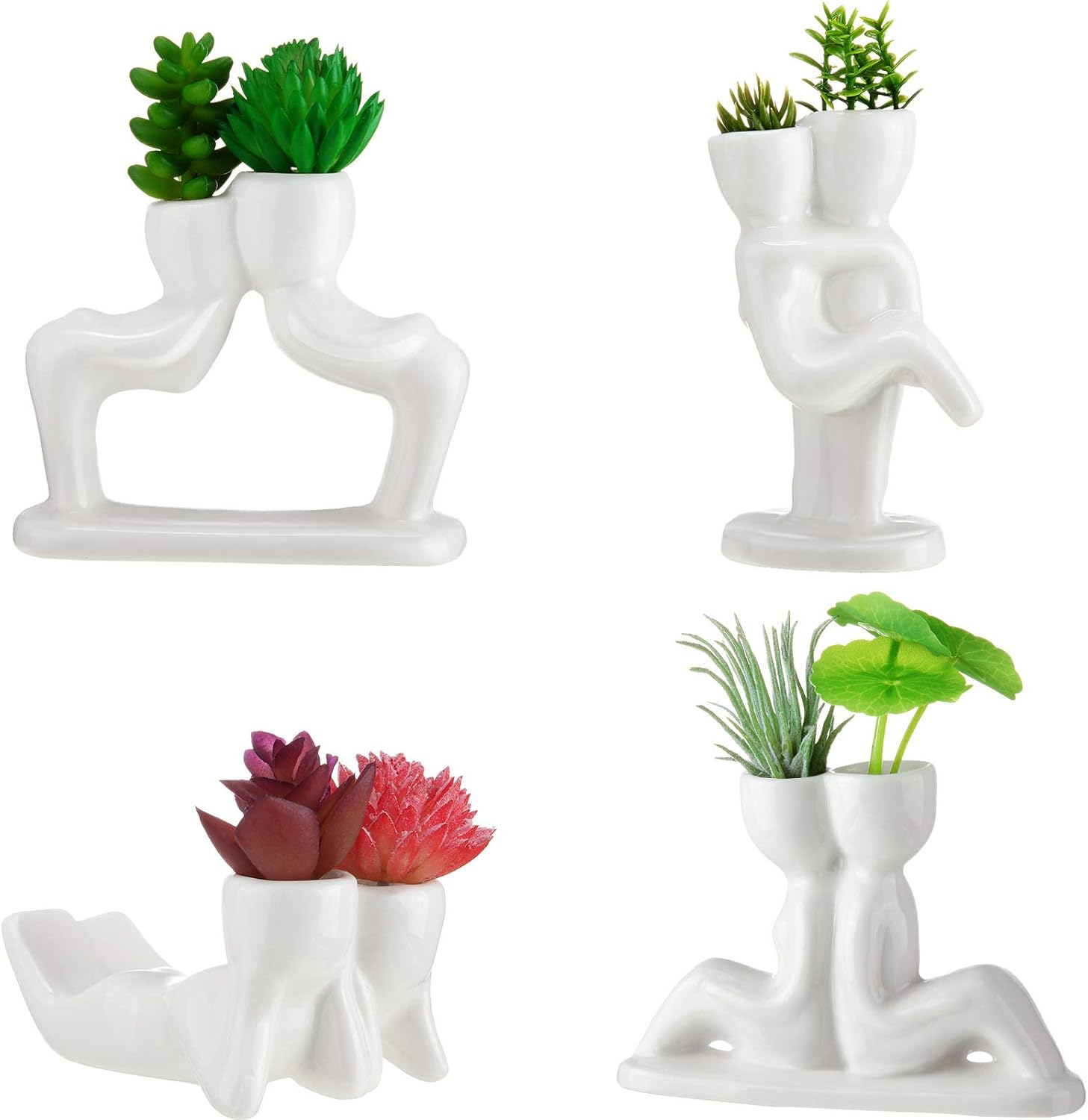 Potchen 4 Pieces Ceramic Air Planters Holder People Head White Cute Table Top Display Planters for Air Plants Lovers DIY Decoration Home Office Holiday (Twin Style)