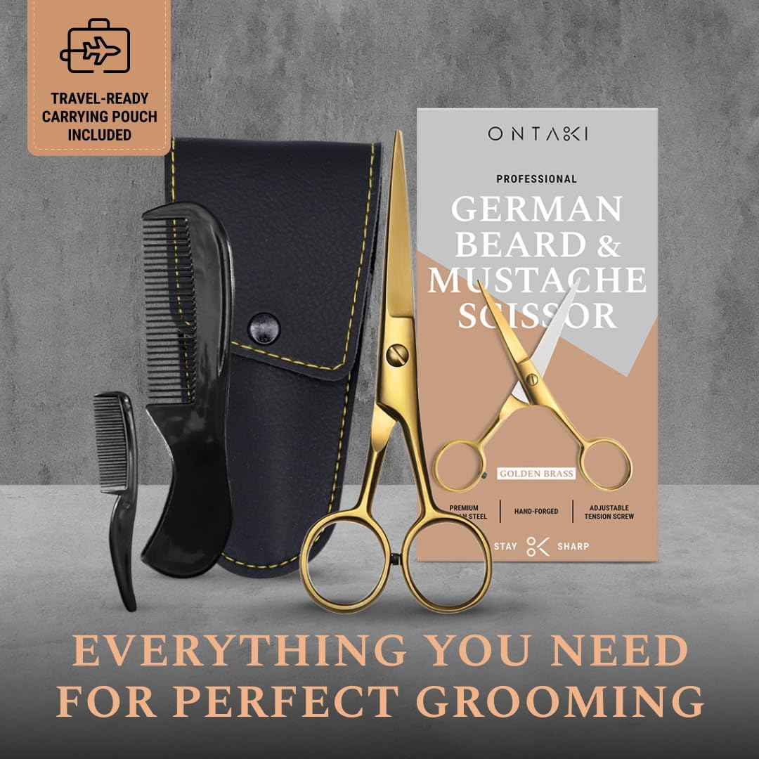 ONTAKI 5" Beard Moustache Scissors Professional German Steel 2 Comb Carrying Pouch Mustache Trimming - Hand Forged Bevel Edge Precision Men Facial Hair Grooming Kit All Body Hair (Golden Brass) image number 6