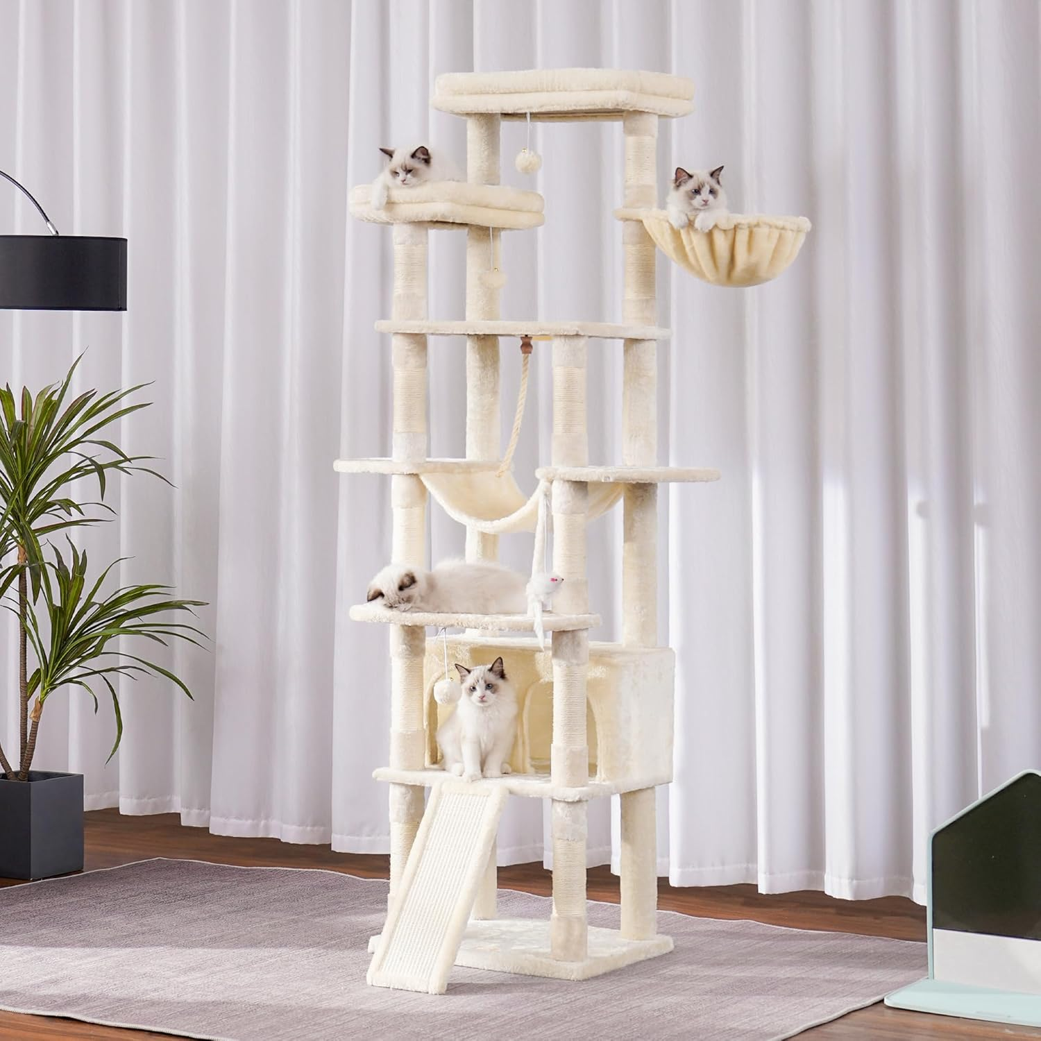 Heybly Tall Cat Tree,78 Inch Multi-Level Cat Tower for Indoor Cats,2 Widened Plush Perches Cat Condo with Scracthing Board and Big Caves,Beige HCT033M image number 4