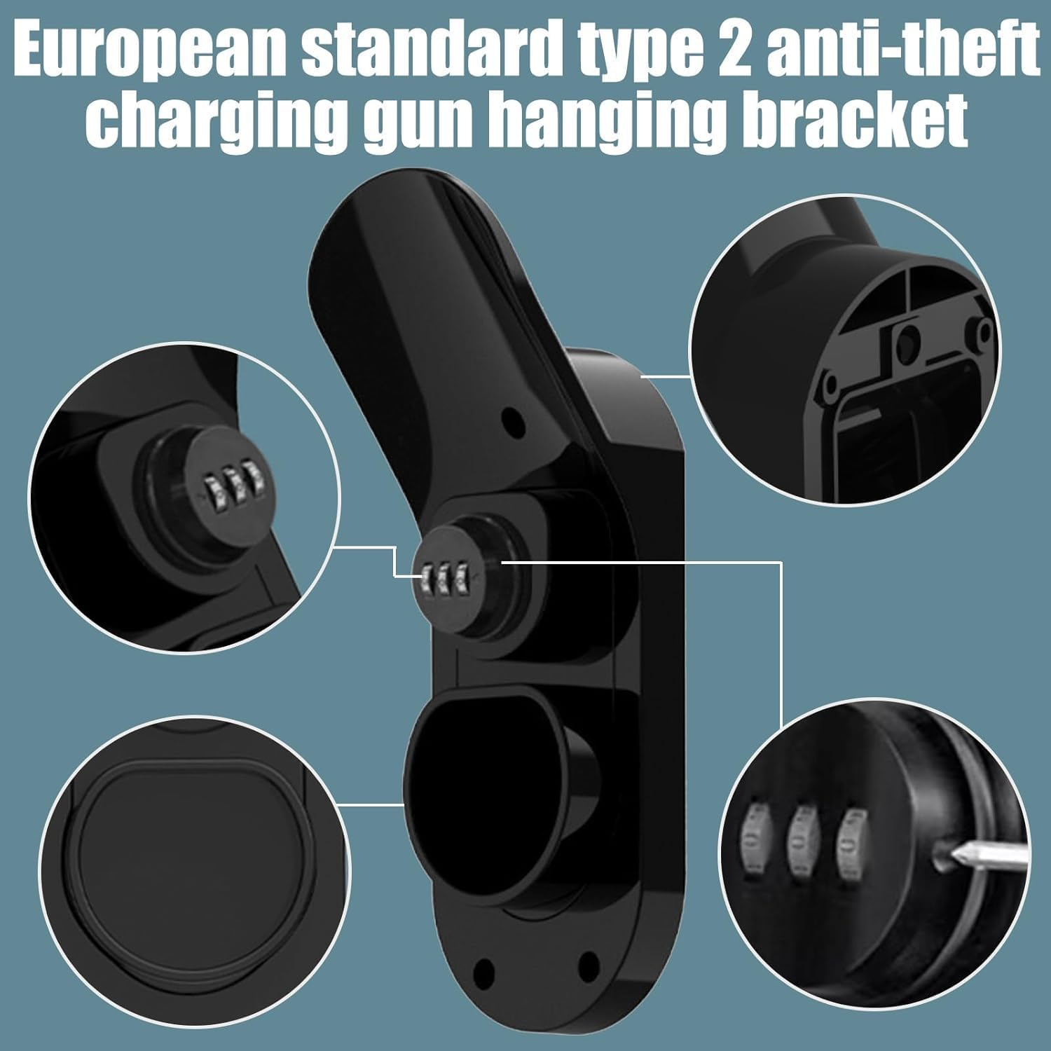 B-Qtech EV Charger Holder Wall Mount for Type 2, Nozzle Holster Dock with Anti-Theft Combination Lock, EV Charger Control Holder & Cable Organizer