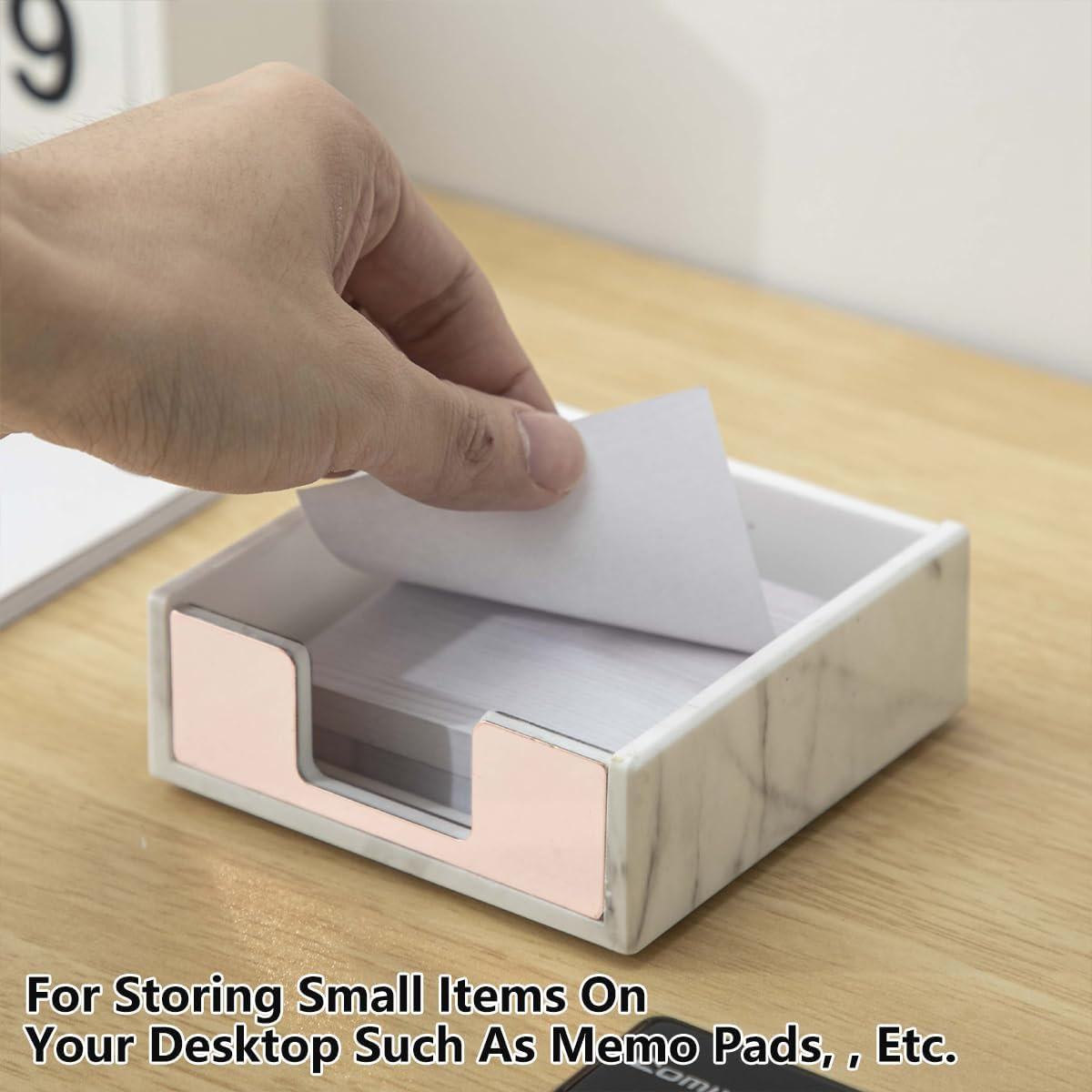 AIMALL Transparent Acrylic Rose Gold Note Holder, Marble Desktop Storage Box for Office Supplies, Memo Pads, and Small Item Organisation, 3.74 X 3.93 X 1.18 Inch - Acrylic-Black image number 6