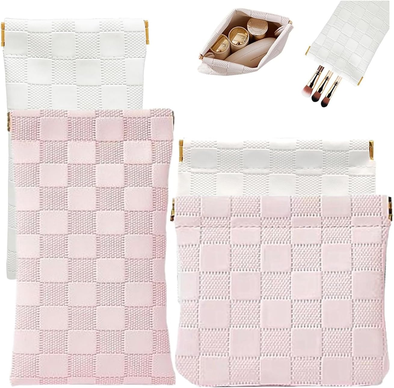 4PCS Mini Makeup Bags for Purse &ndash; Small Leather Cosmetic & Lipstick Pouches Waterproof Travel Organizer for Women (White & Pink) image number 1
