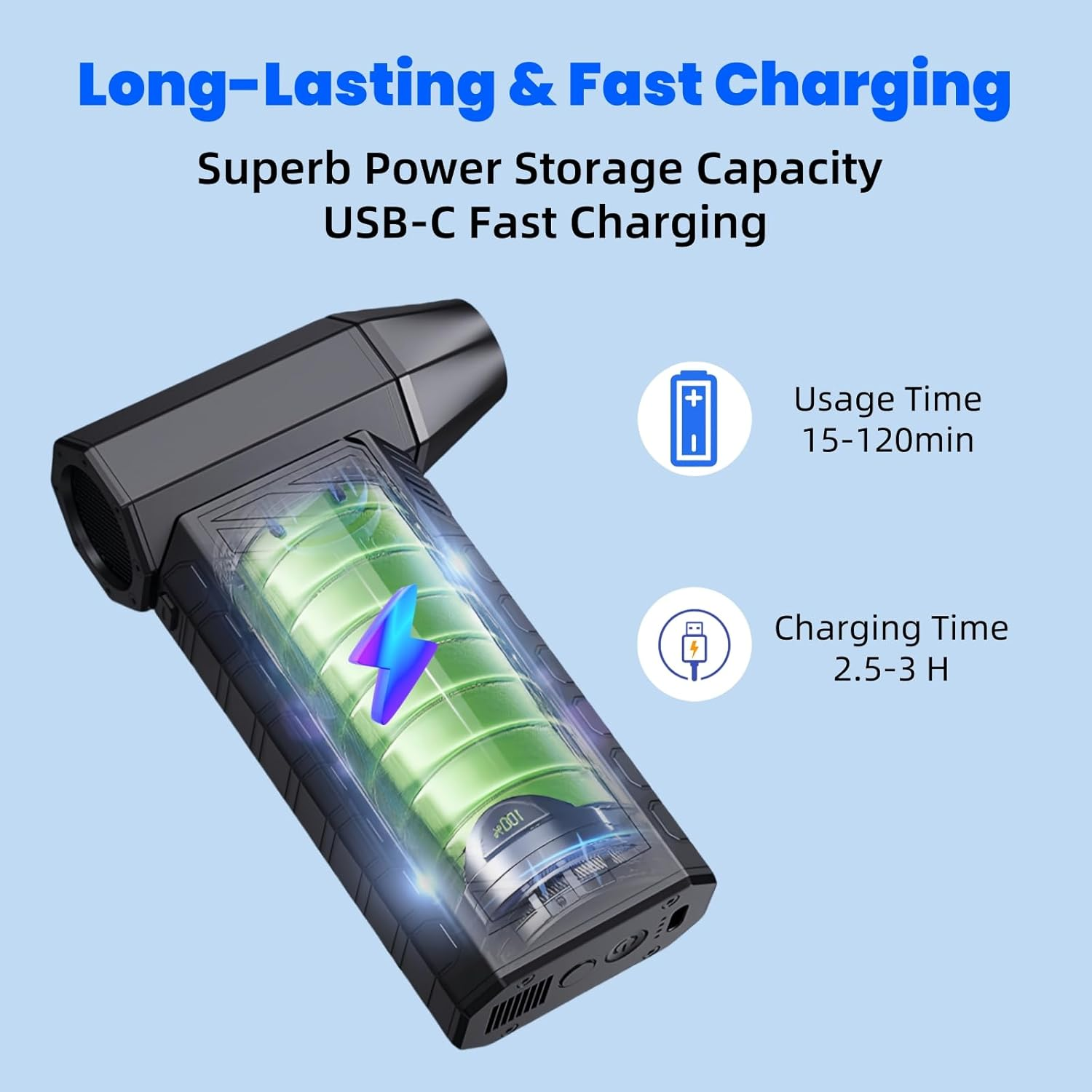 Lecoirrax Compressed Air Duster, 150000RPM Mini Air Blower Turbo Fan, 3 Gear Adjustable High Speed Electric Air Duster with LED Light, Cordless Air Duster for Car Computer Keyboard Office Home Outdoor image number 3