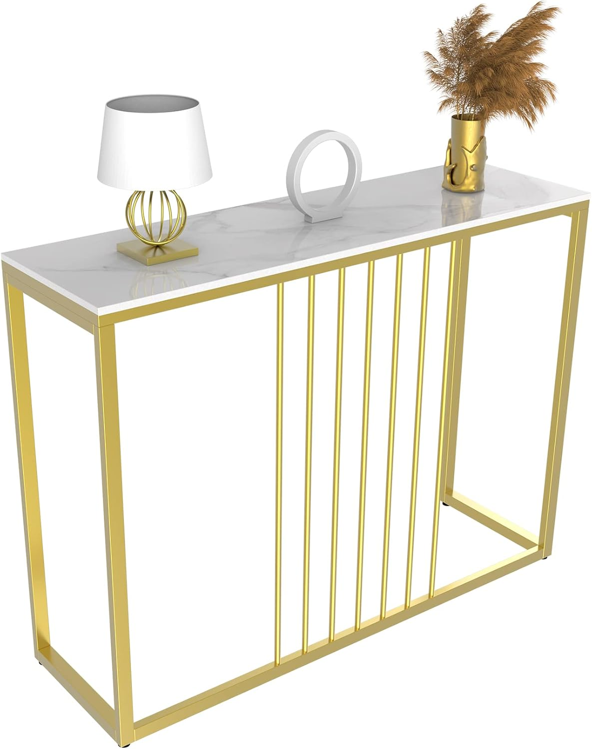 Slim Console Table Hallway Unit: White Marble Top Consoles Desk Long 100Cm High Gloss Sintered Stone Marbles Effect and Gold Frame Narrow Tall Modern Sofa Side Tables Entryway Furniture Decor image number 2