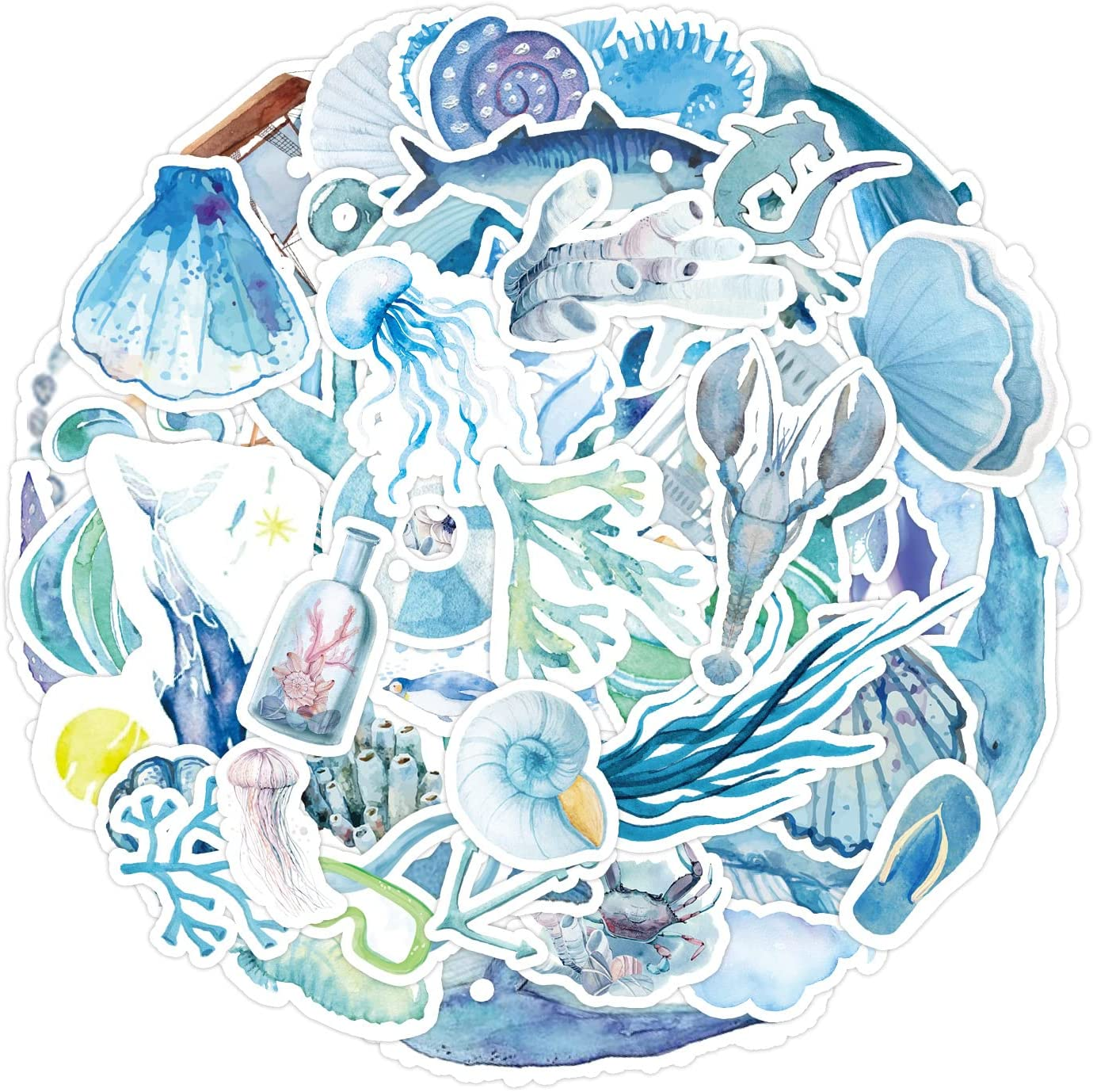 Watercolor Ocean Animal Stickers, 50 Pcs Cute Ocean Sea Life Stickers for Water Bottle Laptop Luggage Computer Phone Guitar Scrapbook, Blue Marine Life Vinyl Decals for Kids Teens Girls Adults