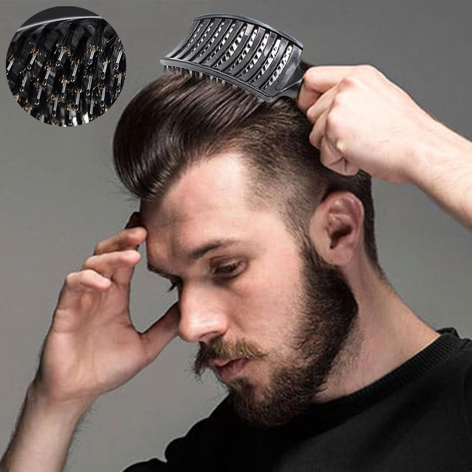 Hair Brush without Pulling, Men, Women, round Brush, Wild Boar Bristles, Detangler Brush, Long Hair for Curls, Thickness, Detangling Brush Set Including round Hair Brush, Paddle Brush, Brush Cleaner, Shampoo Brush