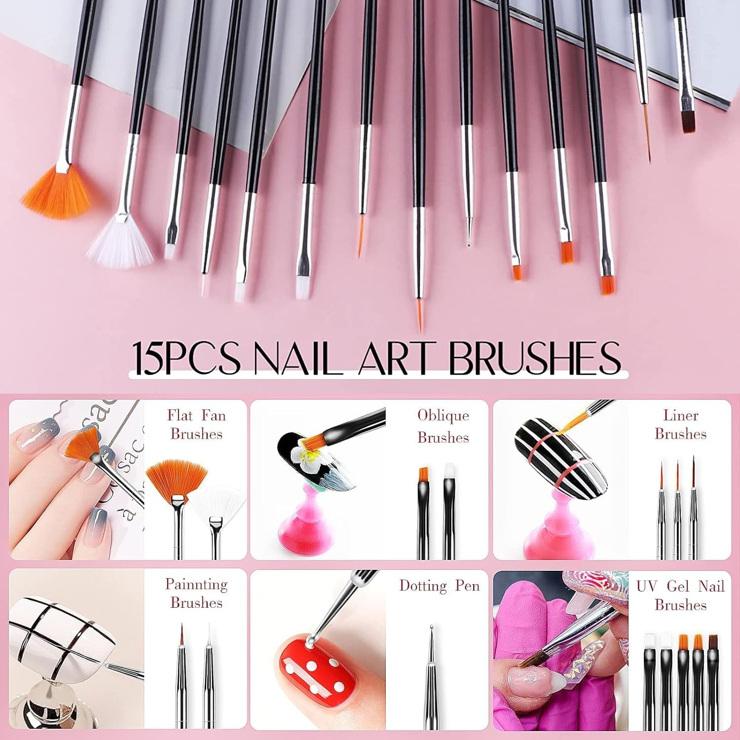 MUSILAN 31Pcs Nail Art Brushes and Nail Art Tools Set, Nail Dotting Tools, Acrylic Nail Brush, Striping Nail Art Brushes for Long Lines, Nail Drawing Pen for Salons & Home DIY Manicure Nail Design - Pink image number 5