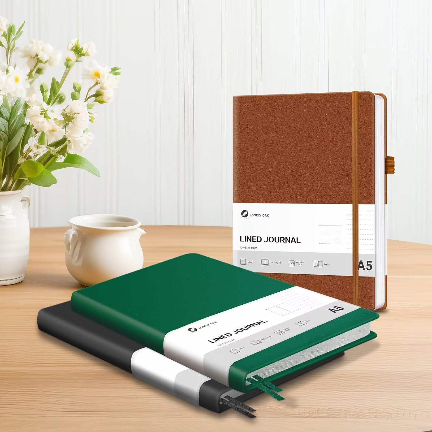 Lonely Oak Lined Journal Notebook, A5 Hardcover Lined Notebook for Women & Men, 120GSM Acid-Free Paper with Leather Hardcover and Inner Pocket, Daily Diary Journal for Work(Brown) image number 3