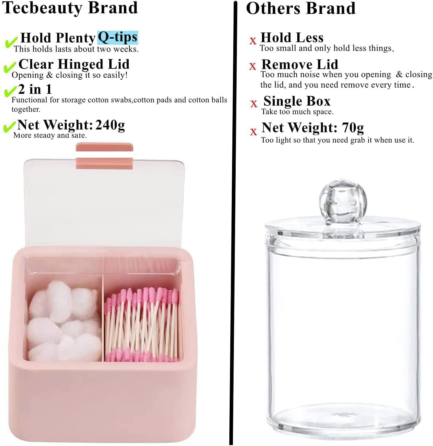 2 Compartments Rectangle Plastic Bathroom Vanity Countertop Storage Organizer Canister Apothecary Jar Qtip Holder with Lid for Cotton Swabs, Balls, Makeup Sponges, Pink image number 5