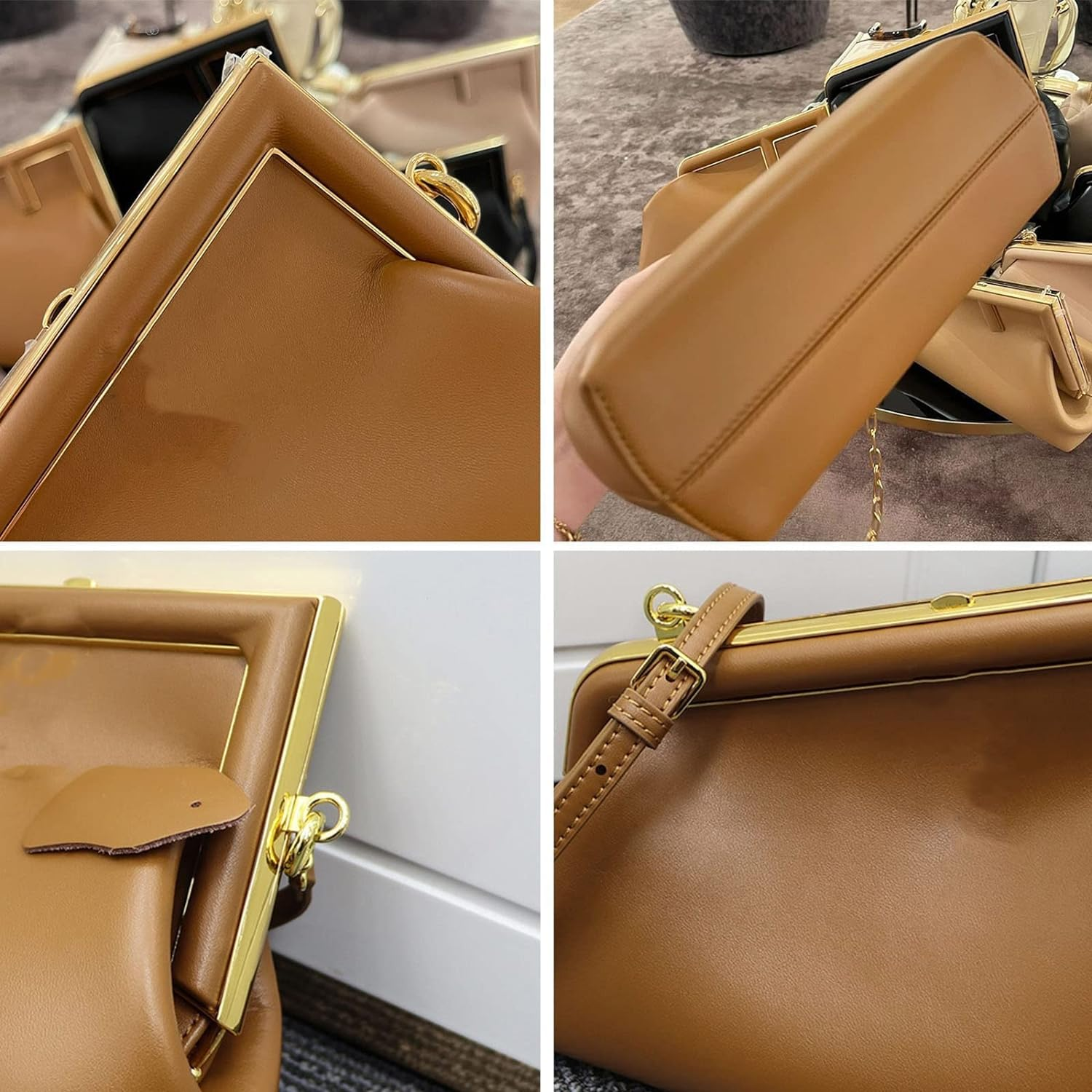 Women Clutch Purse Crossbody Bags,Pu Leather Shoulder Bag with Metal Clasp Closure Cross Body Handbags - Camel image number 4