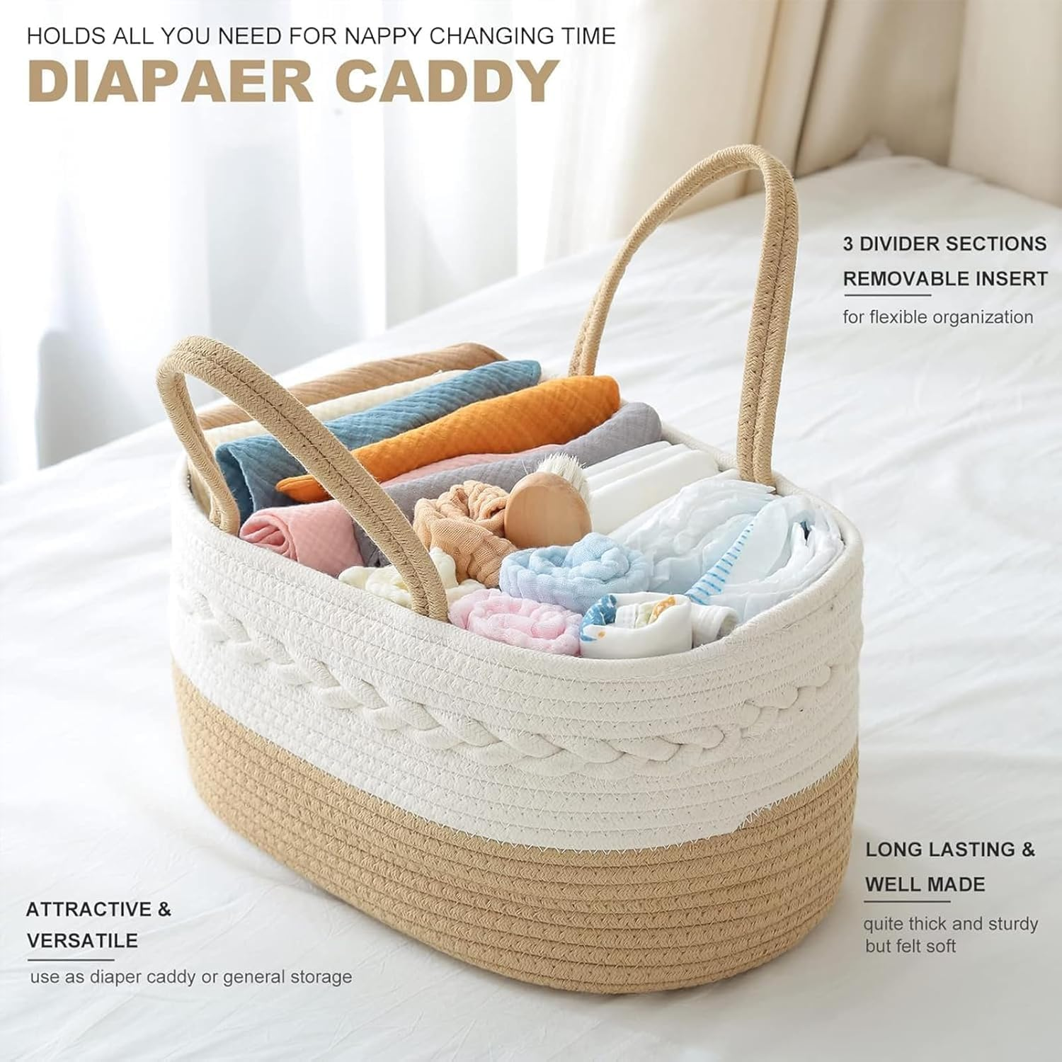 Diaper Caddy Organizer for Baby, Cotton Rope Baby Gift Basket, Portable Diaper Organizer for Changing Table, Diaper Nursery Storage Organizer for Baby Stuff, Baby Shower Gifts for Newborn image number 3