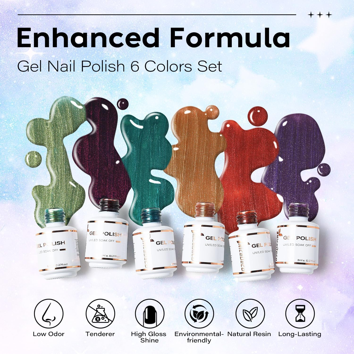 Nicedeco Hema Free Cruelty Free Vegan Cat Eye Gel Nail Polish, High Gloss Long Lasting Soak off LED U V Gel Polish 6 Colors Set 43