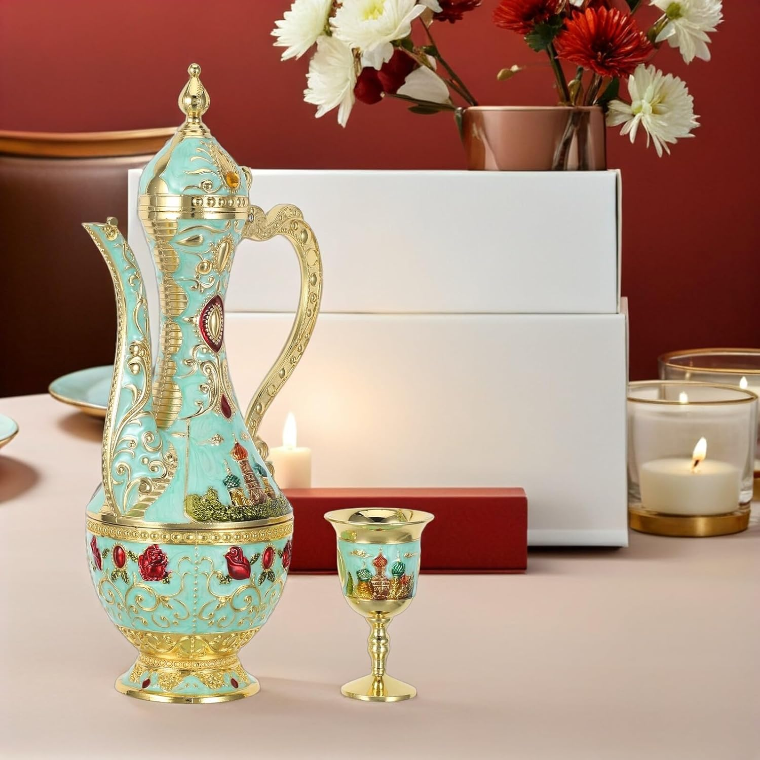 KICHOUSE Vintage Turkish Coffee Pot Set Embossed Castle Pattern, Metal Tea Cups and Wine Goblets, Coffee Decanter and Serving Tray for Home Gatherings and Party Use image number 1