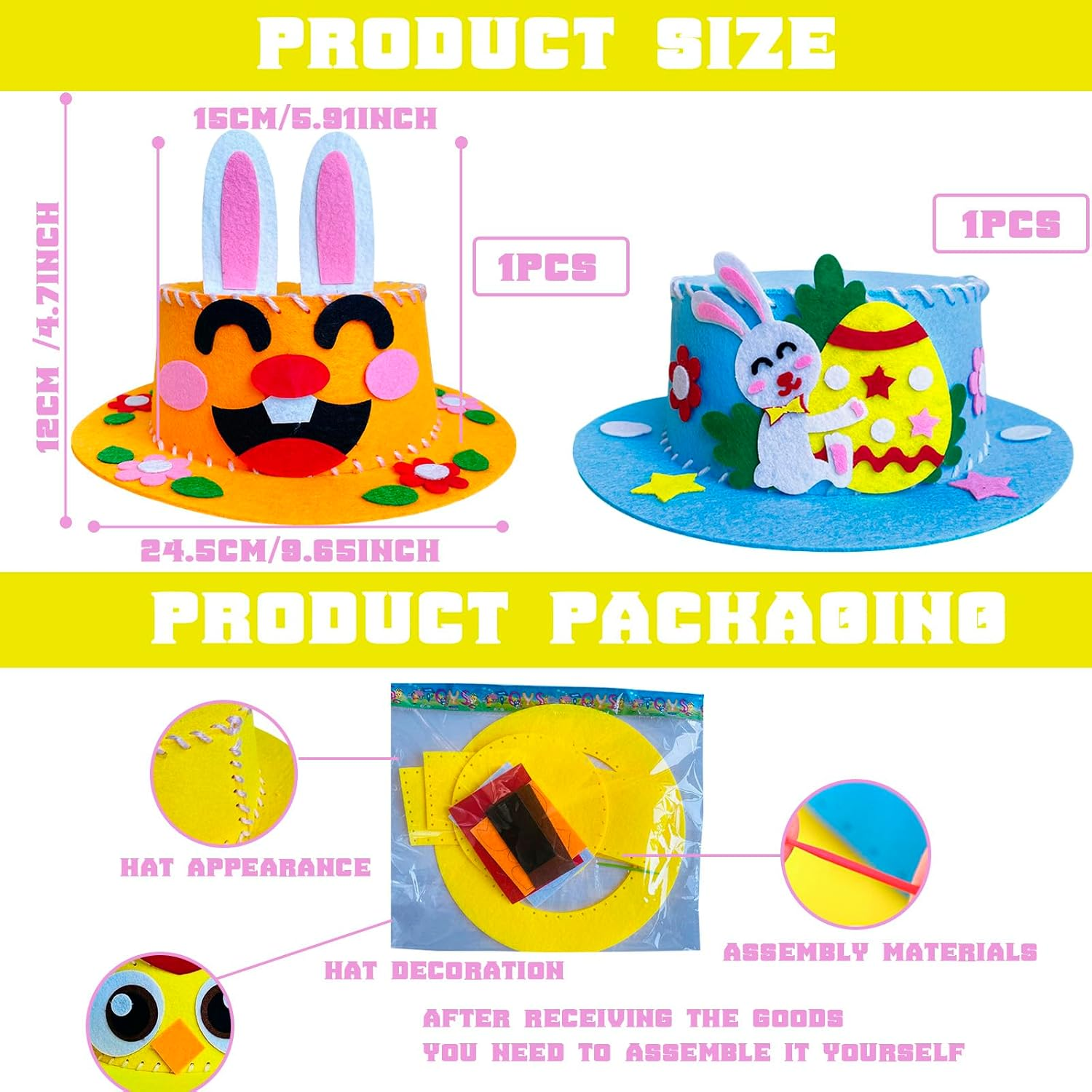 Yayafunfun DIY Easter Bonnet Craft Kit for Kids - 2 Pack Felt Hats with Bunny, Eggs & Reusable Decorations | School Parade Competition Supplies, Easter Crafts for Boys Girls (Age 2+) image number 2