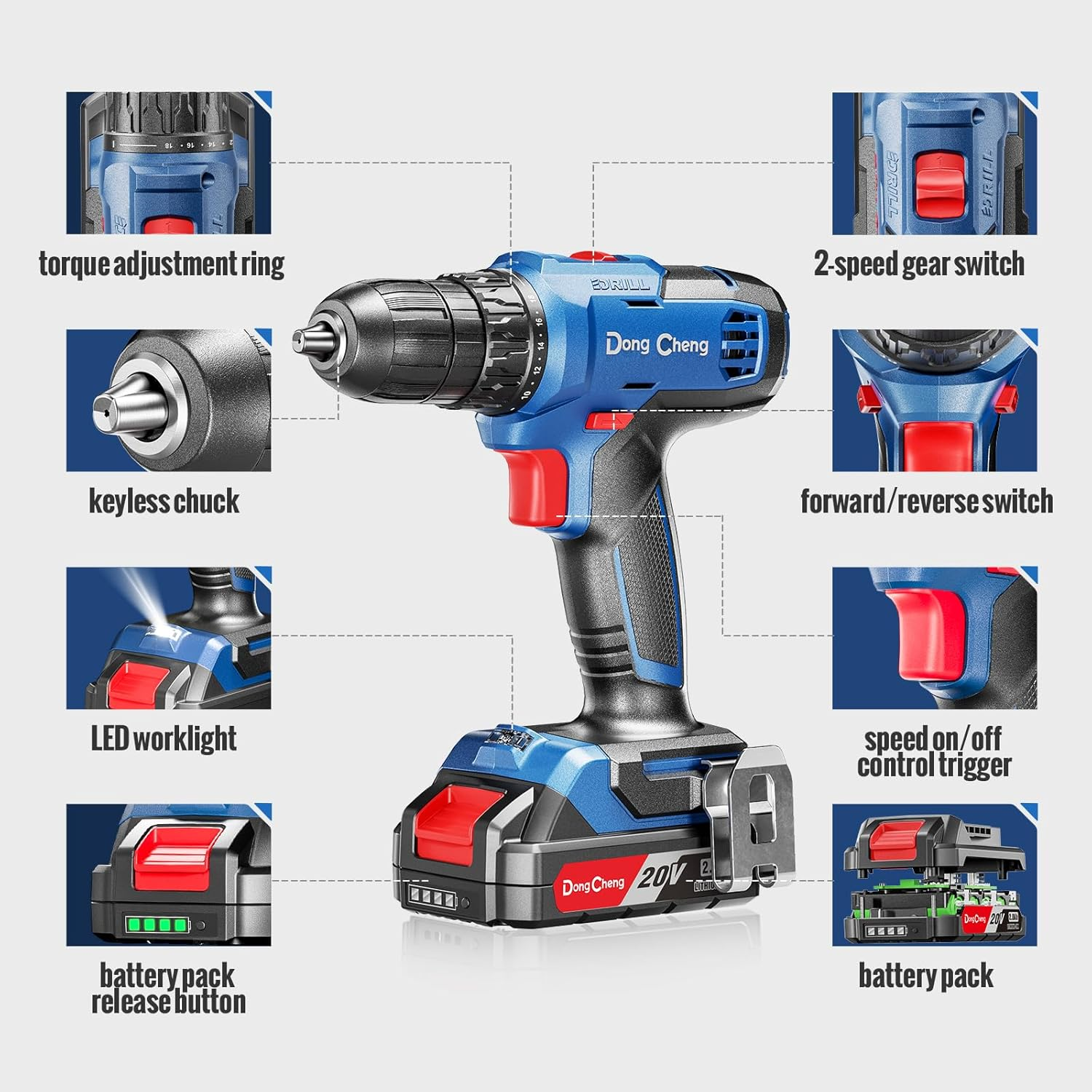 Dongcheng Cordless Drill Set,Power Drill with 3/8" Keyless Chuck,336 In-Lbs Torque Electric Drill,Cordless Drill with Battery and Charger (Accessories+Cleaning Kit+Hand Tools) image number 2
