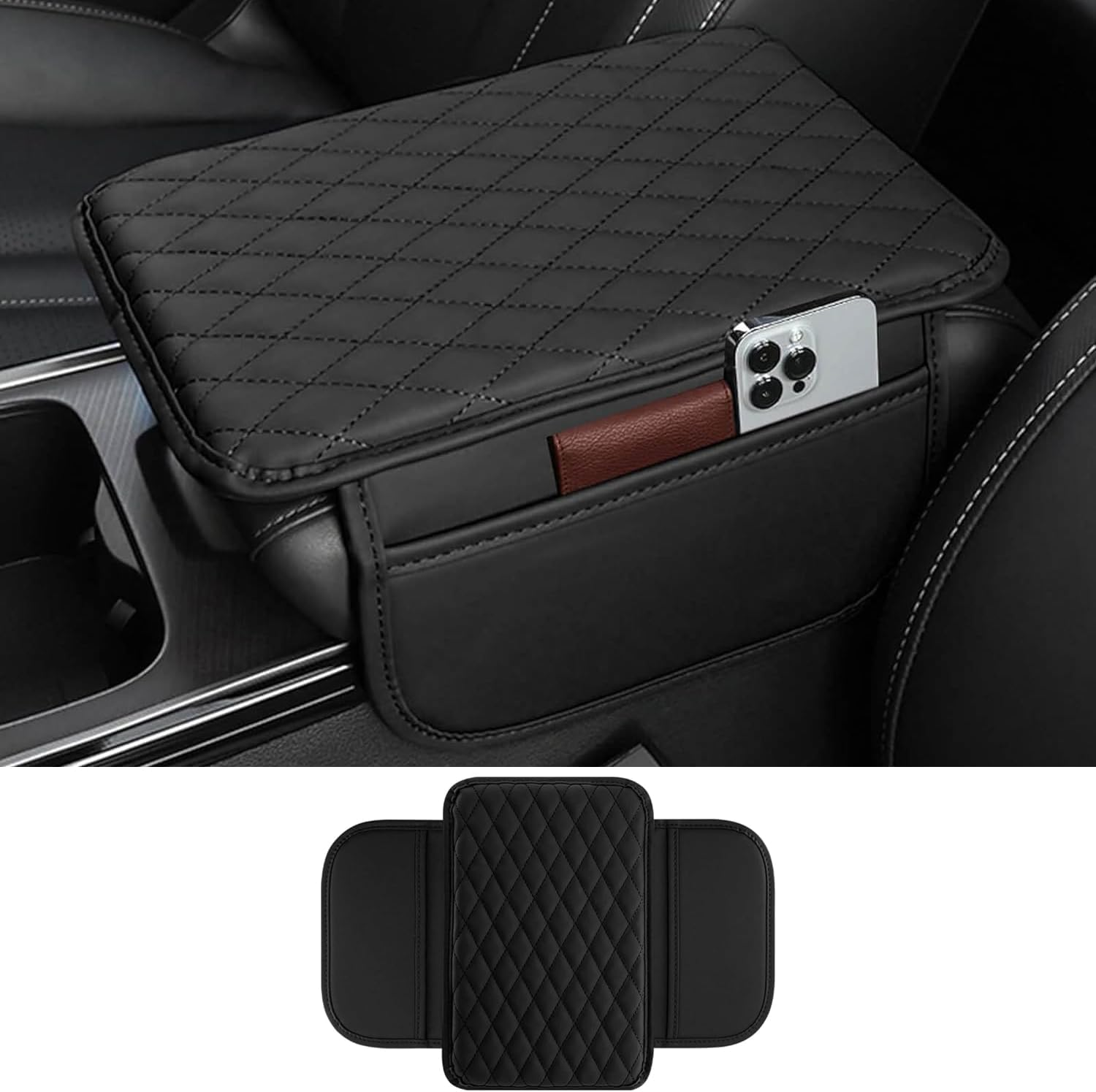 Usinynia Upgraded Car Center Console Cover for Most Vehicles,Microfiber Leather Universal Car Armrest Cover Cushion with 2 Side Pockets Interior Accessories Prevent Scratching (Black)