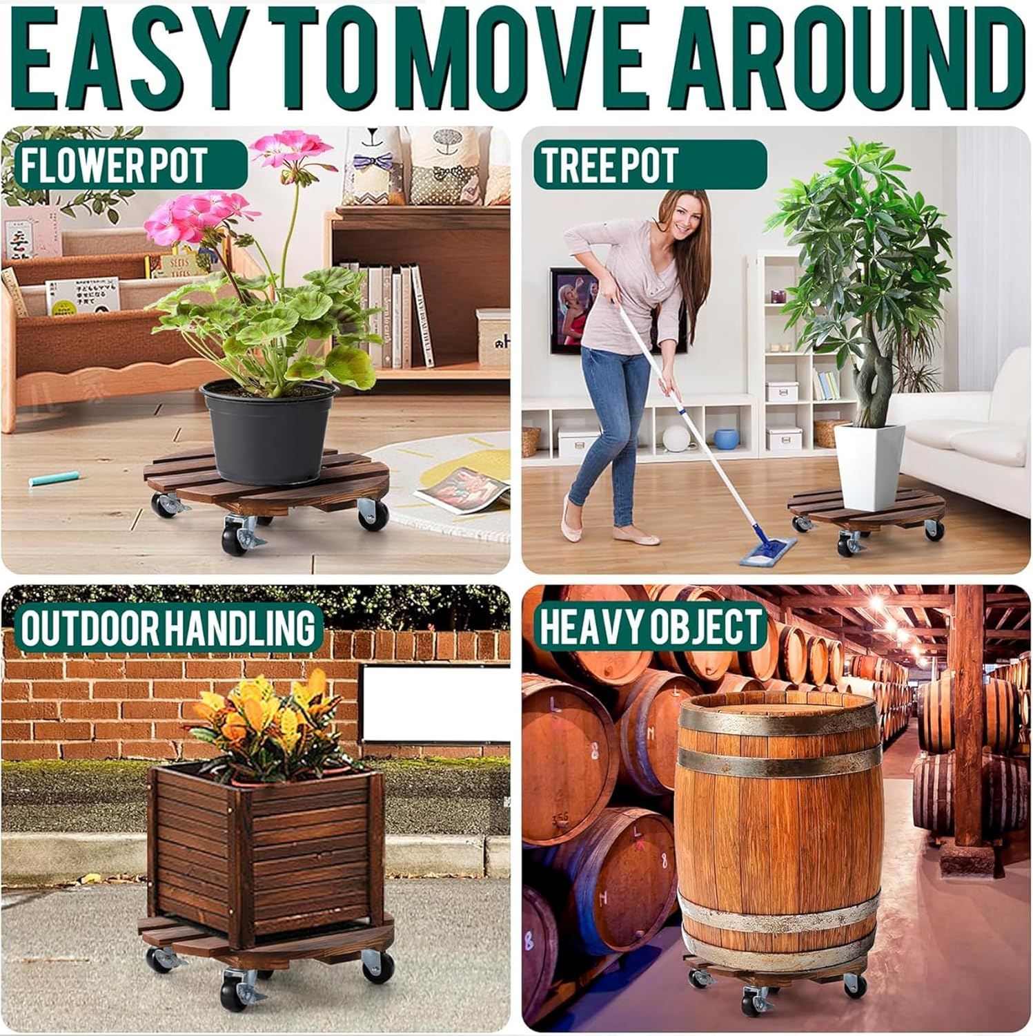 2Pack Plant Caddy, Wood Rolling Plant Stand with 360&deg; Lockable Caster Wheels, Pot round Caster for Indoor and Flower Succulent Pots Outdoor Use, 30*30*8Cm image number 1