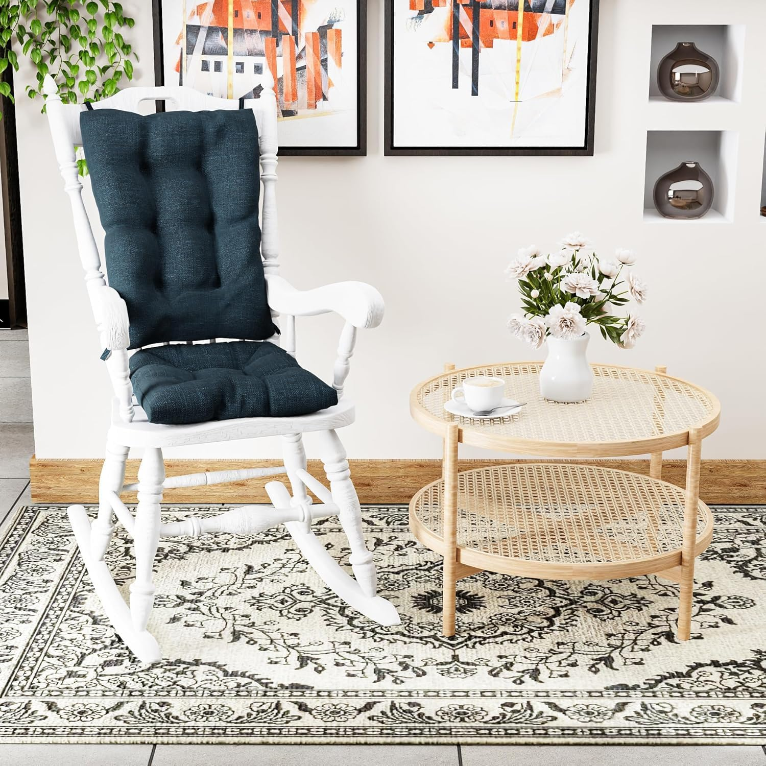 The Gripper Twill Jumbo XL Non-Slip Rocking Chair Cushion Set with Thick Padding, Includes Seat Pad & Back Pillow with Ties for Indoor Living Room Rocker, 17X17 Inches, 2 Piece Set, Sapphire - Mastic Green image number 2