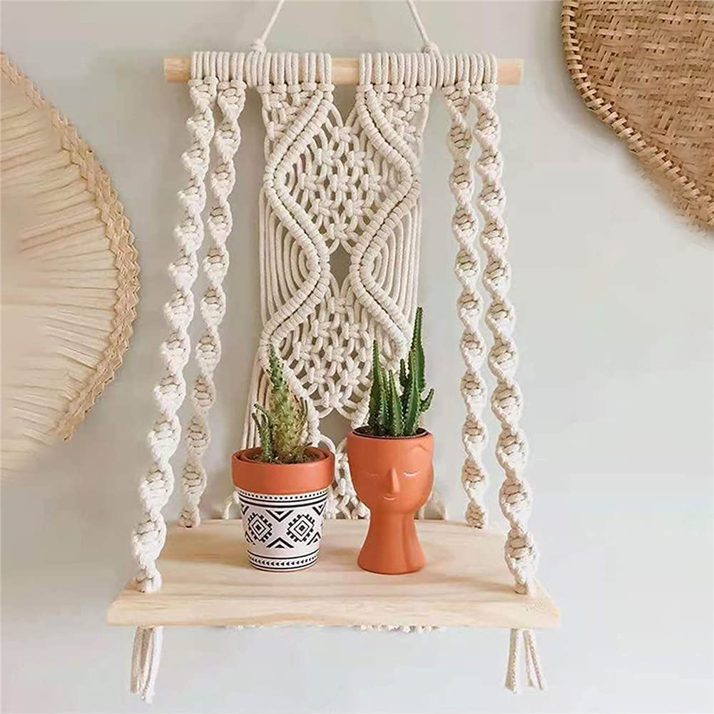 Hiuxume Macrame Wall Hanging Shelf Bohemian for Bedroom - Woven Rope Macrame Wall Art as Boho Bathroom Shelf Decor - Plant Hanger with Crochet Wall Hangings image number 6