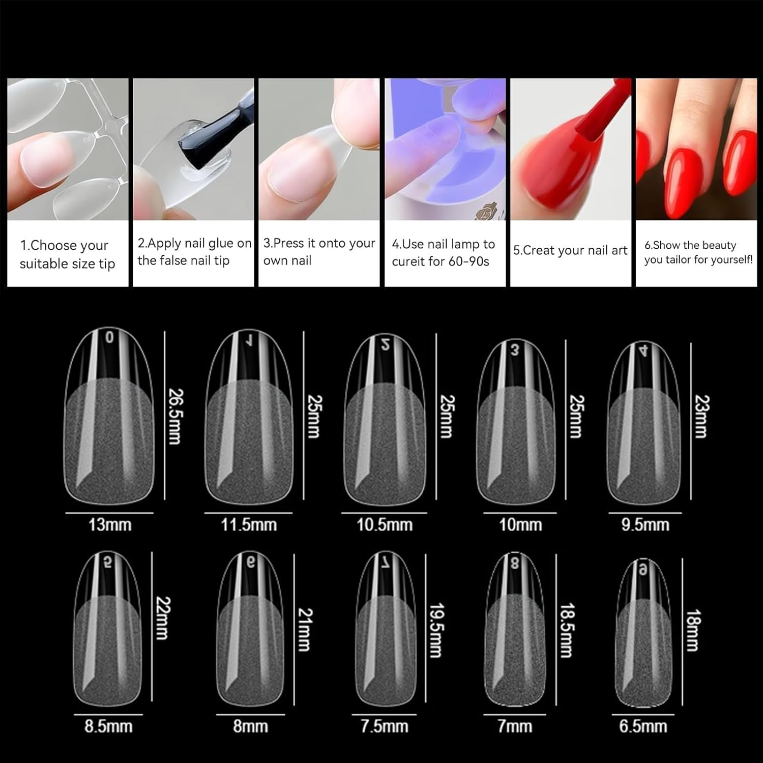Gaivek 600 Pcs Medium Oval Fake Nails, Full Cover Pre-Shaped Soft Gel Nail Tips, round Press-On Nail for Extensions, False Nails Kit for DIY Manicure and Salon Use, 10 Sizes image number 1