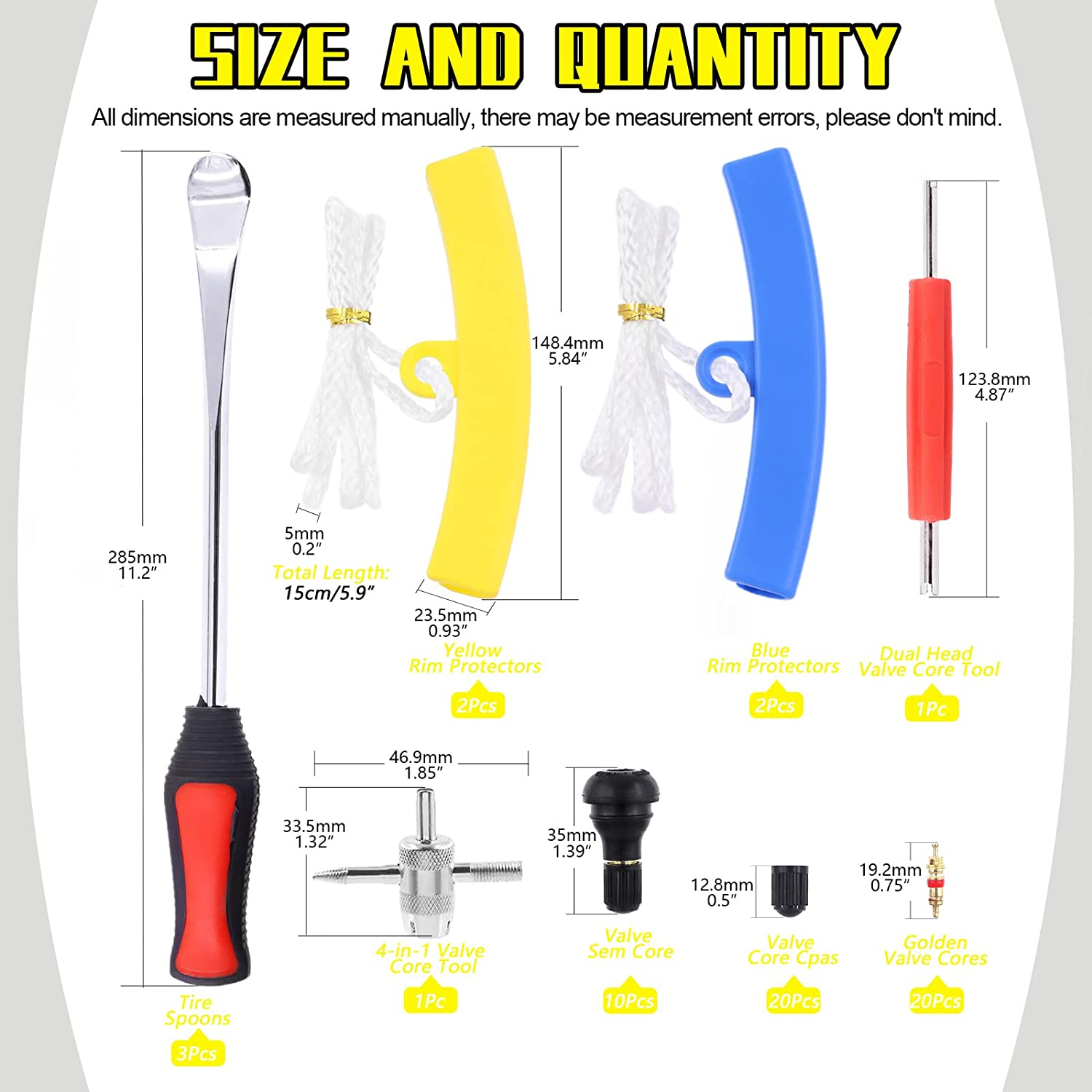 57 Pcs Tire Spoons Motorcycle Tire Changing Tools, Bike Tire Iron Levers Repair Kit with Pure Copper Valve Stem Cores,Rim Protectors, Valve Core Remover for Motorcycle ATV Lawn Mower