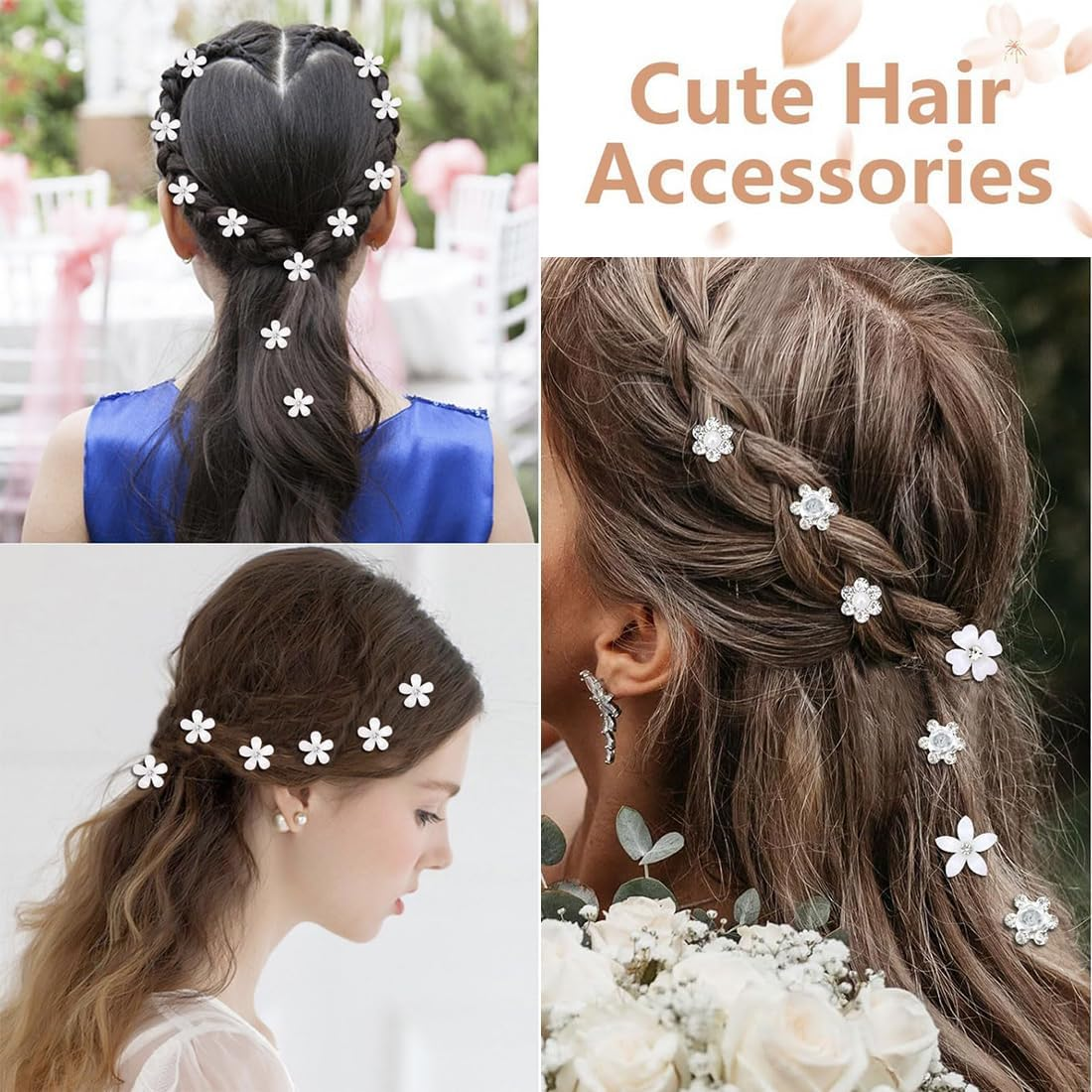 WUSJCOF 20 Pieces Mini Flower Hair Clips Cute Rhinestone Hairpins Small Decorative Wedding Hair Clips Bridal Hair Accessories for Girls and Women (White Flowers) image number 2
